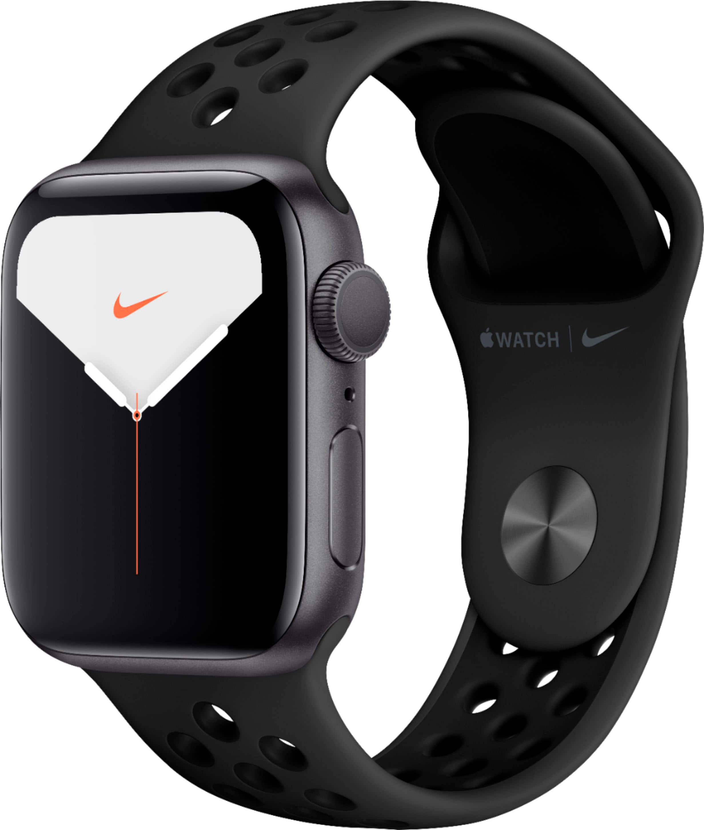 Front. Apple - Geek Squad Certifid Refurbished Apple Watch Nike Series 5 (GPS) 40mm Aluminum Case with Anthracite/Black Nike Sport Band - Space Gray Aluminum.