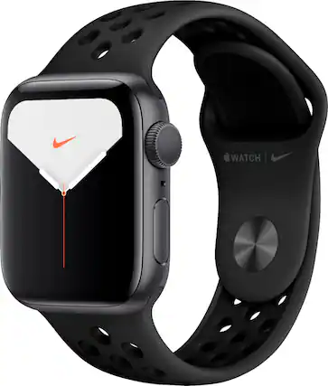 Front. Apple - Geek Squad Certifid Refurbished Apple Watch Nike Series 5 (GPS) 40mm Aluminum Case with Anthracite/Black Nike Sport Band - Space Gray Aluminum.