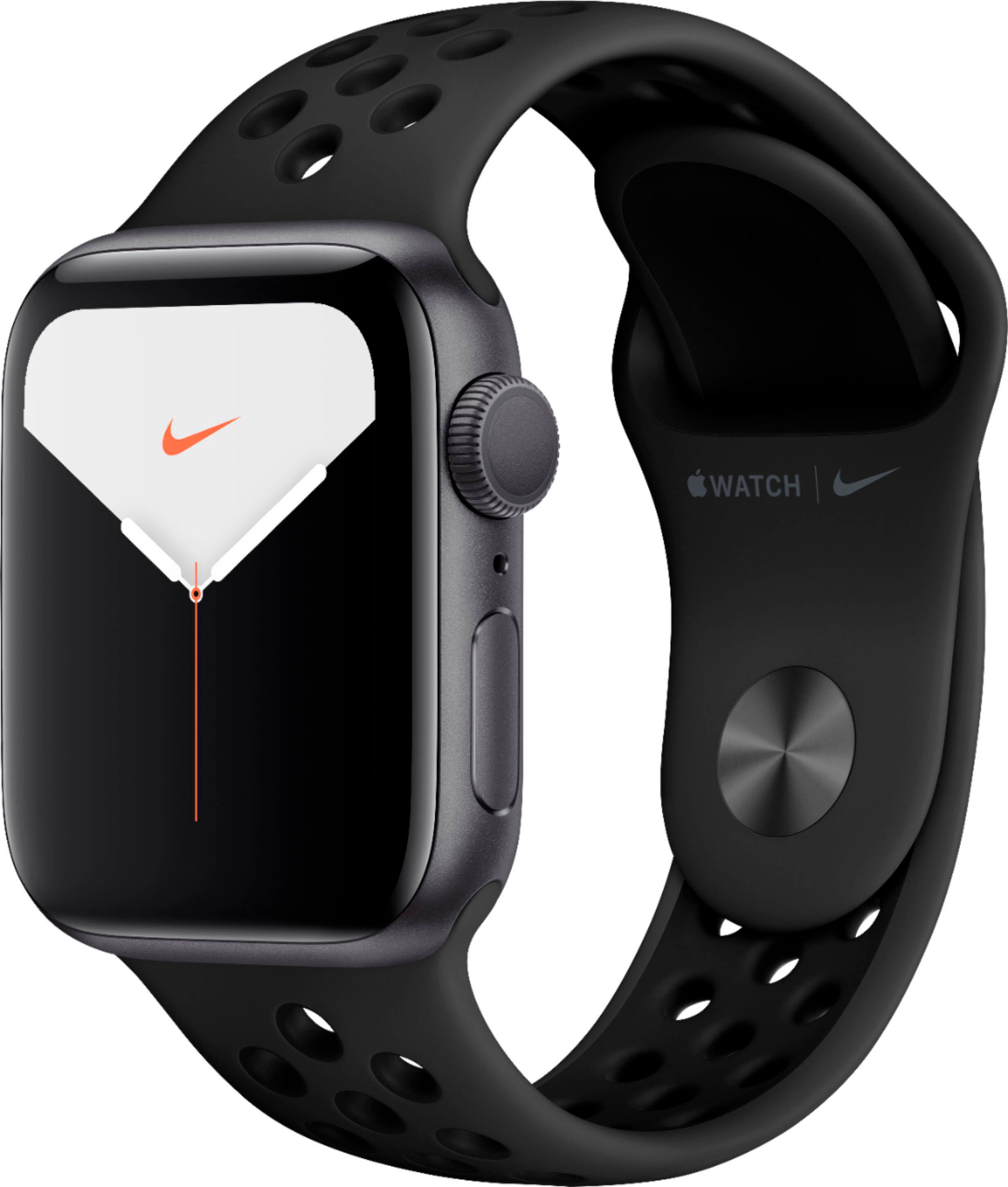 Front. Apple - Geek Squad Certifid Refurbished Apple Watch Nike Series 5 (GPS) 40mm Aluminum Case with Anthracite/Black Nike Sport Band - Space Gray Aluminum.