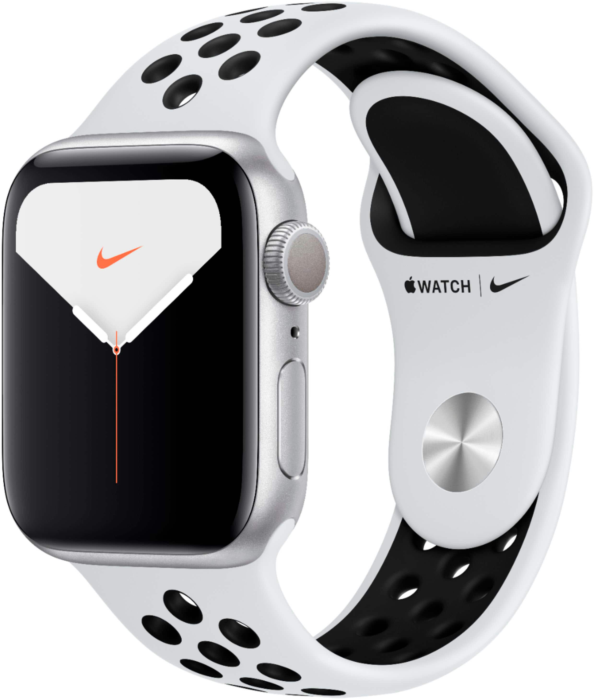 Front. Apple - Geek Squad Certified Refurbished Apple Watch Nike Series 5(GPS) 40mm Silver Aluminum Case with Platinum/Black Sport Band - Silver Aluminum.