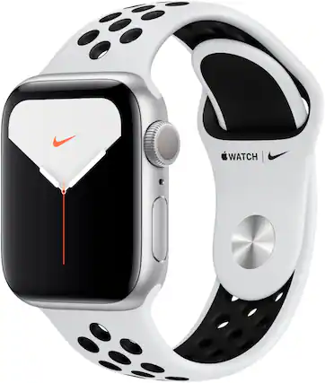 Front. Apple - Geek Squad Certified Refurbished Apple Watch Nike Series 5(GPS) 40mm Silver Aluminum Case with Platinum/Black Sport Band - Silver Aluminum.