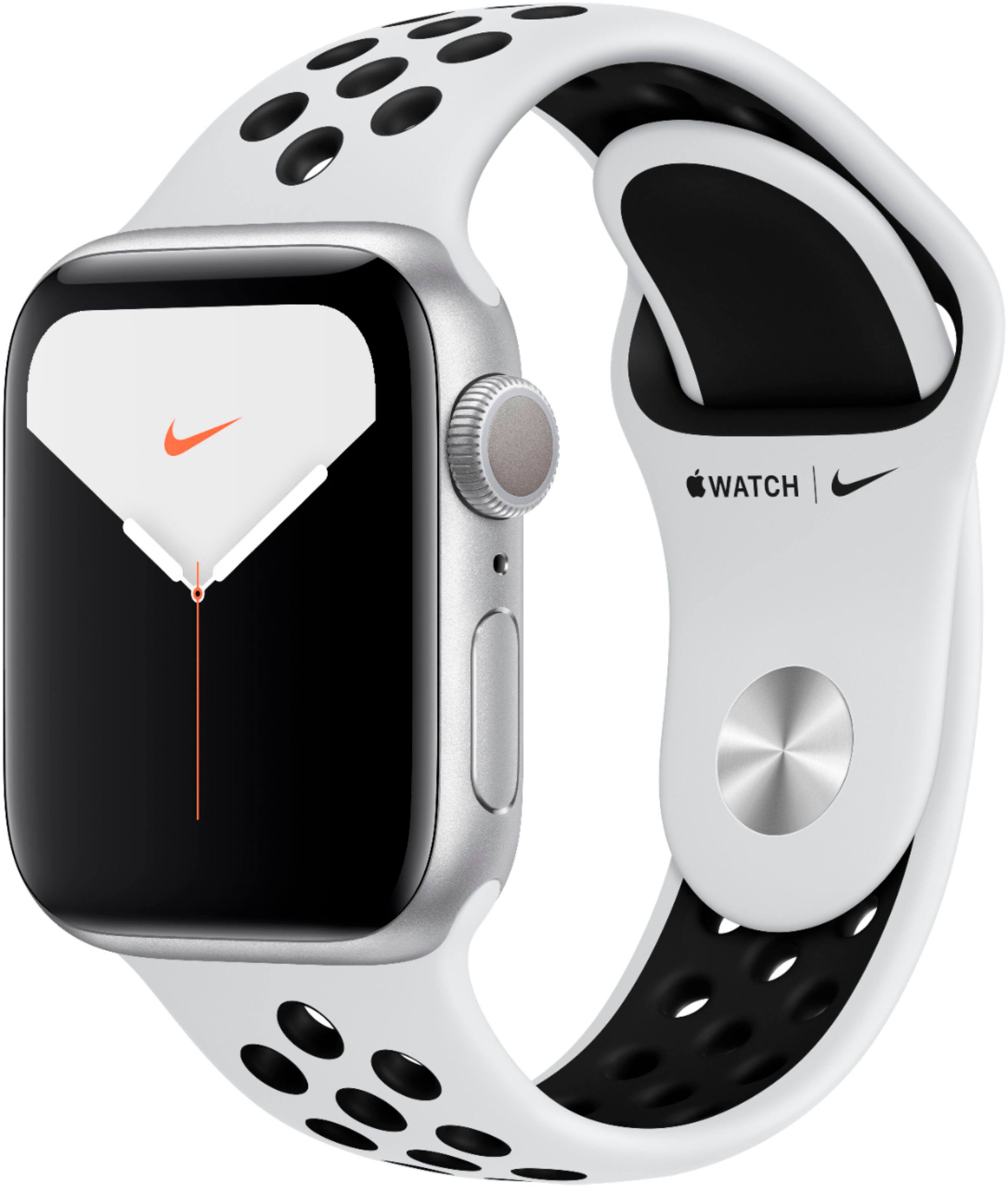 Front. Apple - Geek Squad Certified Refurbished Apple Watch Nike Series 5(GPS) 40mm Silver Aluminum Case with Platinum/Black Sport Band - Silver Aluminum.