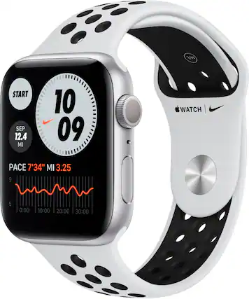 Front. Apple - Refurbished Apple Watch Nike Series 6 (GPS) 44mm Silver Aluminum Case with Pure Platinum/Black Nike Sport Band.