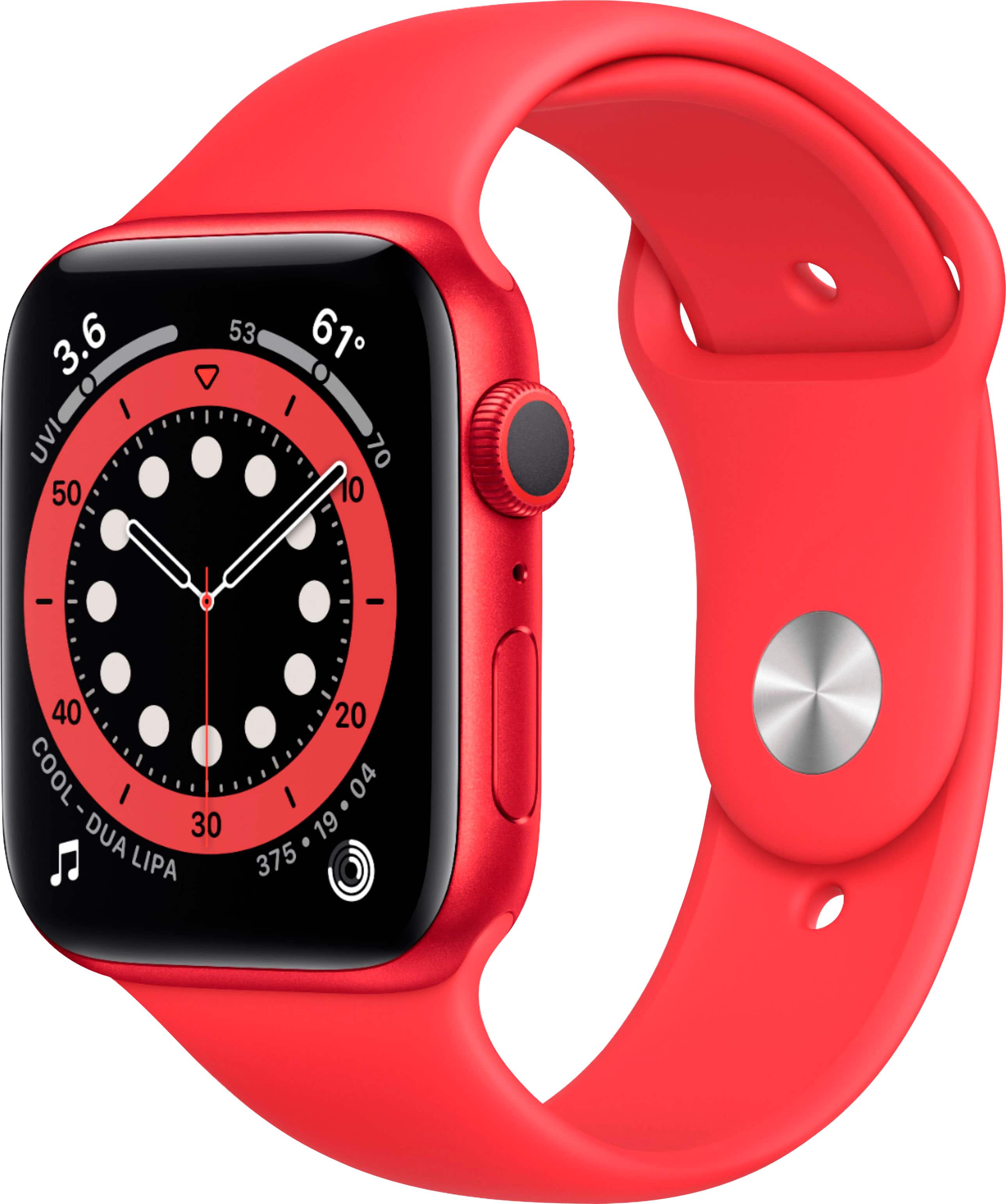 Front. Apple - Geek Squad Certified Refurbished Apple Watch Series 6 (GPS) 44mm Aluminum Case with Red Sport Band - (PRODUCT)RED.