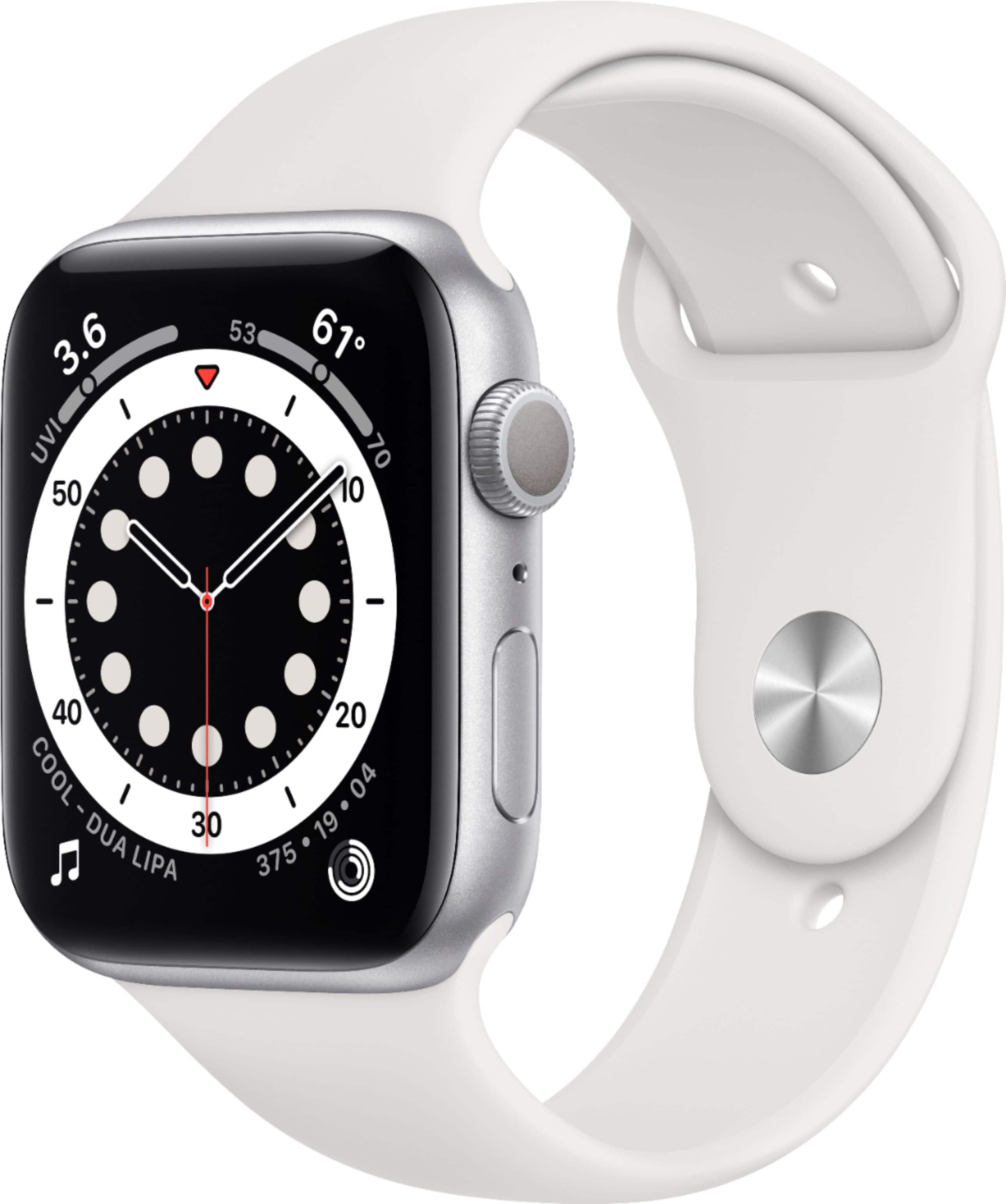 Front. Apple - Geek Squad Certified Refurbished Apple Watch Series 6 (GPS) 44mm Aluminum Case with White Sport Band - Silver.