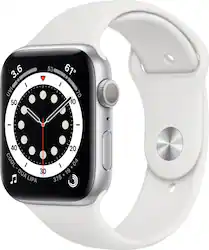 Apple Geek Squad Certified Refurbished Watch Series 6 (GPS) 44mm Aluminum Case with White Sport Band - Silver - (2020) - Front_Zoom