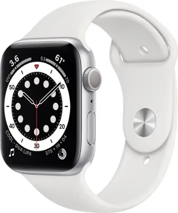 Front. Apple - Geek Squad Certified Refurbished Apple Watch Series 6 (GPS) 44mm Aluminum Case with White Sport Band - Silver.