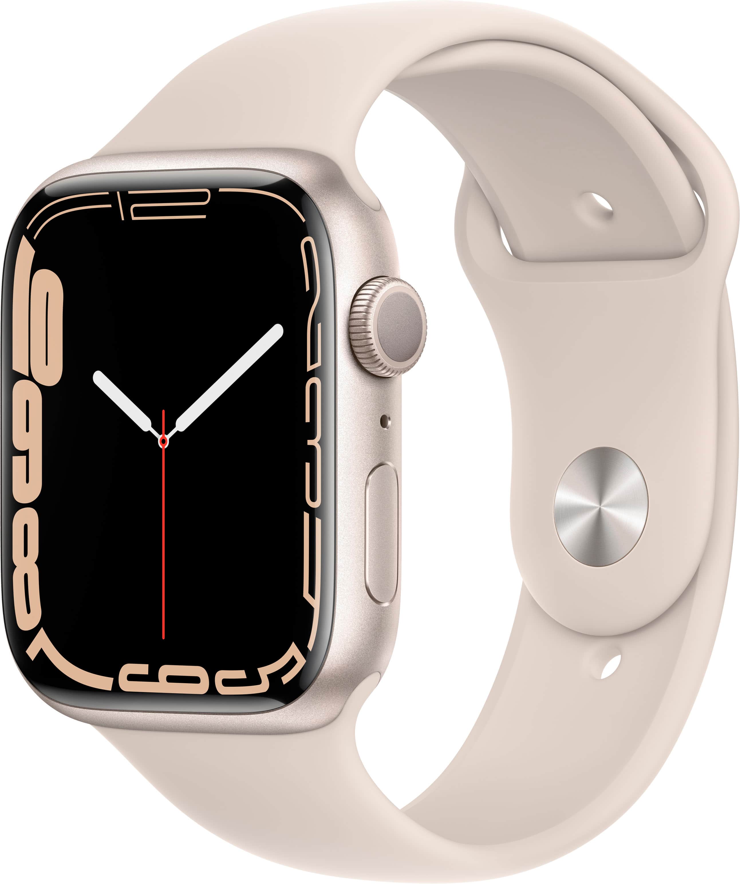 Front. Apple - Geek Squad Certified Refurbished Apple Watch Series 7 (GPS) 45mm Starlight Aluminum Case with Starlight Sport Band - Starlight.