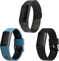 Angle. WITHit - Fitbit Charge 5 & 6 3-pack (black mesh, bluestone sport and black woven) - Woven Black/Bluestone/Black.
