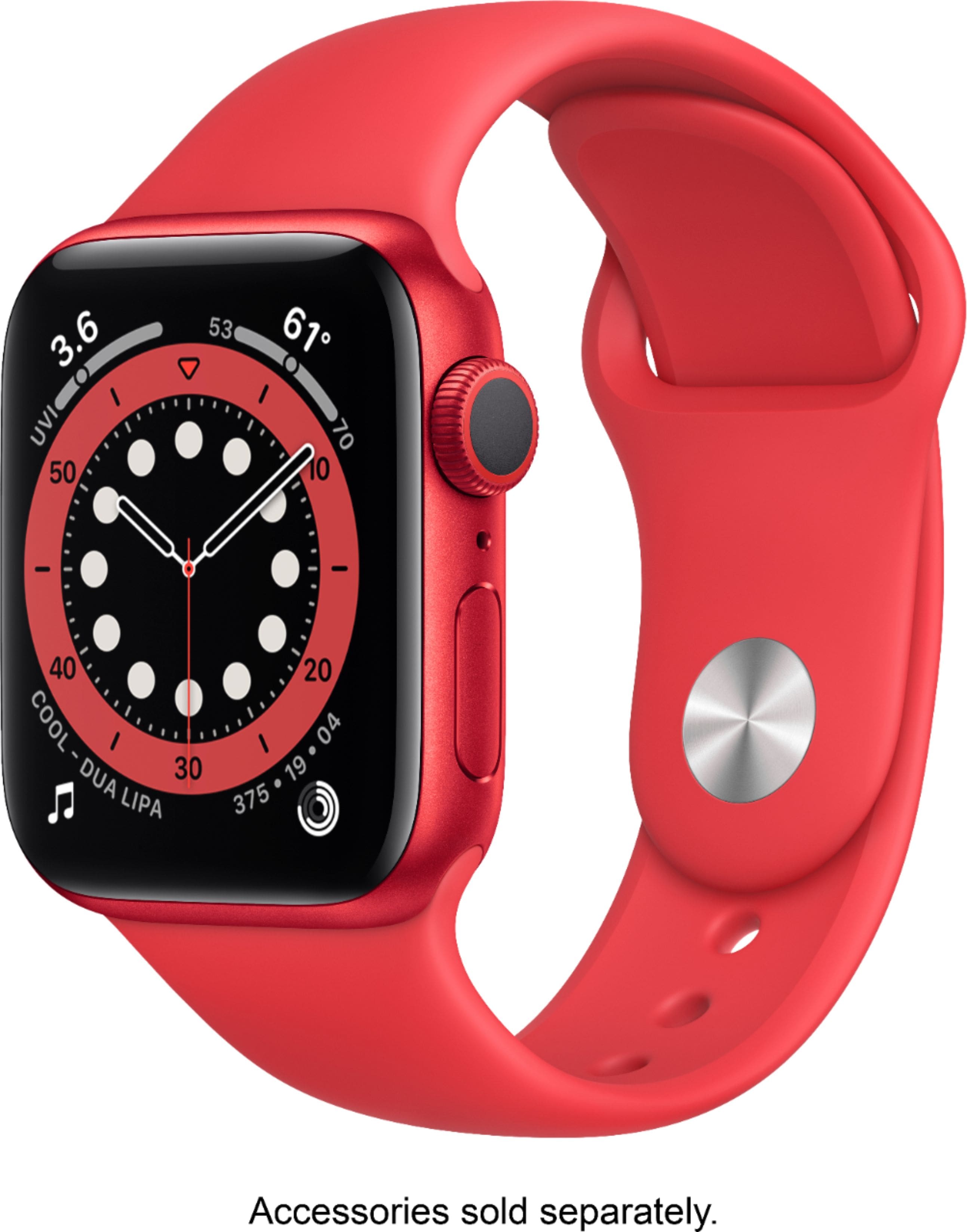 Front. Apple - Geek Squad Certified Refurbished Apple Watch Series 6 (GPS) 40mm (PRODUCT)RED Aluminum Case with (PRODUCT)RED Sport Band - (PRODUCT)RED.
