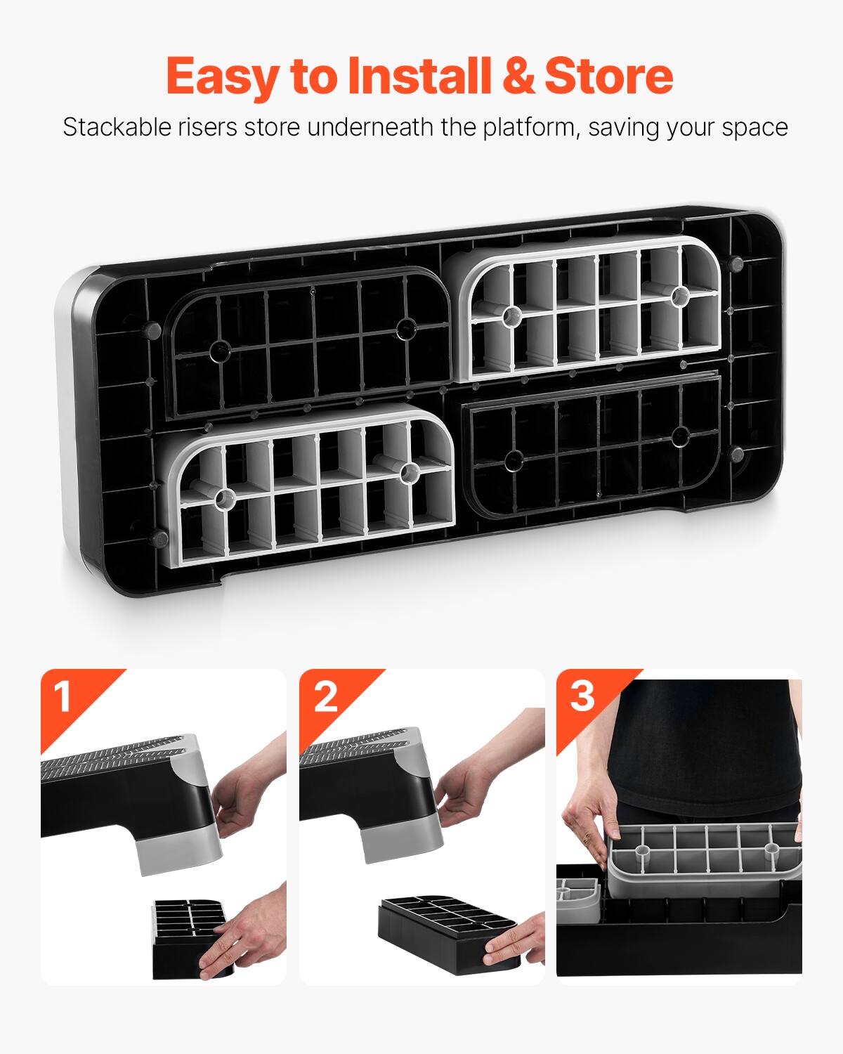 Easy to Install & Store

Stackable risers store underneath the platform, saving your space

1
2
3