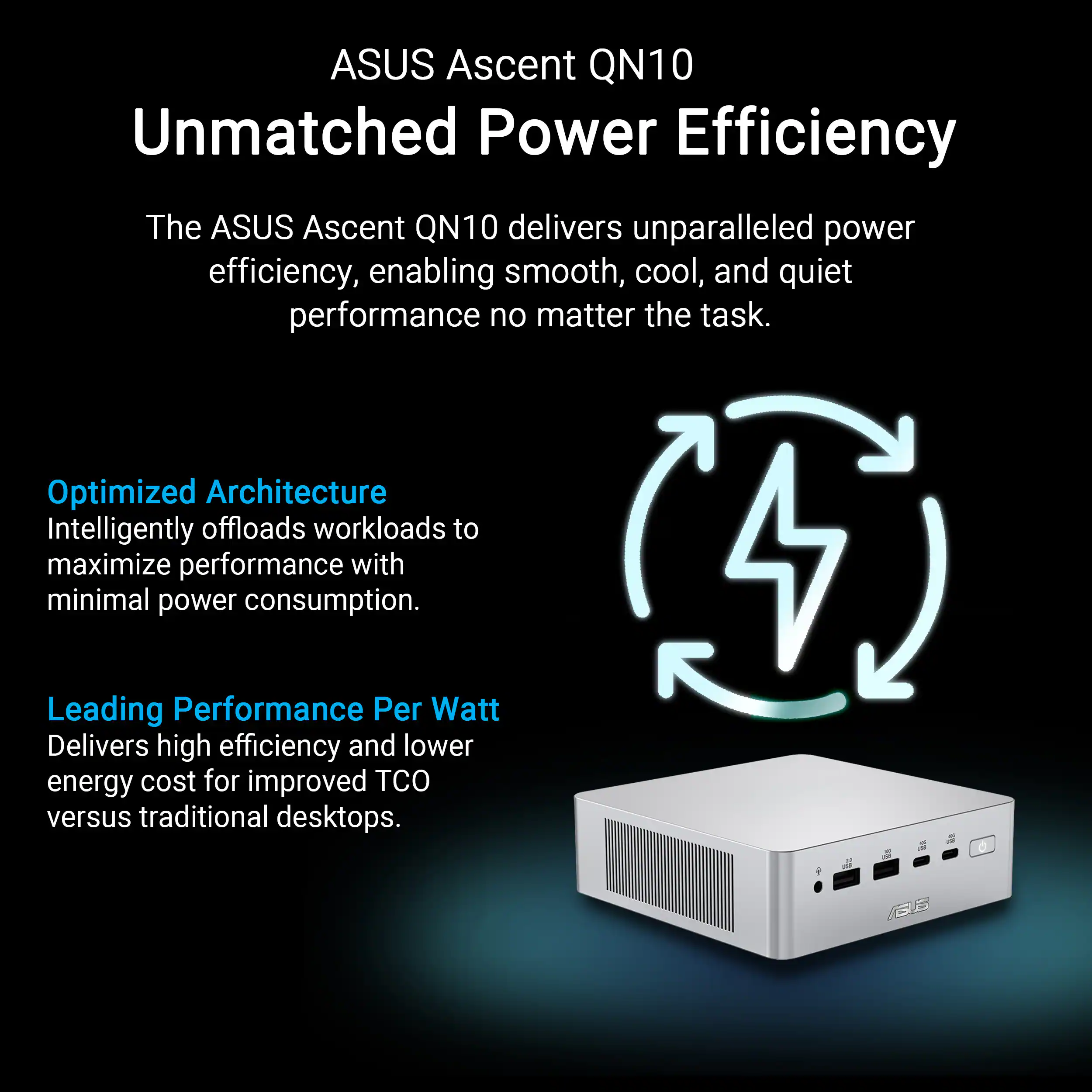 ASUS Ascent QN10  
Unmatched Power Efficiency  

The ASUS Ascent QN10 delivers unparalleled power efficiency, enabling smooth, cool, and quiet performance no matter the task.  

Optimized Architecture  
Intelligently offloads workloads to maximize performance with minimal power consumption.  

Leading Performance Per Watt  
Delivers high efficiency and lower energy cost for improved TCO versus traditional desktops.