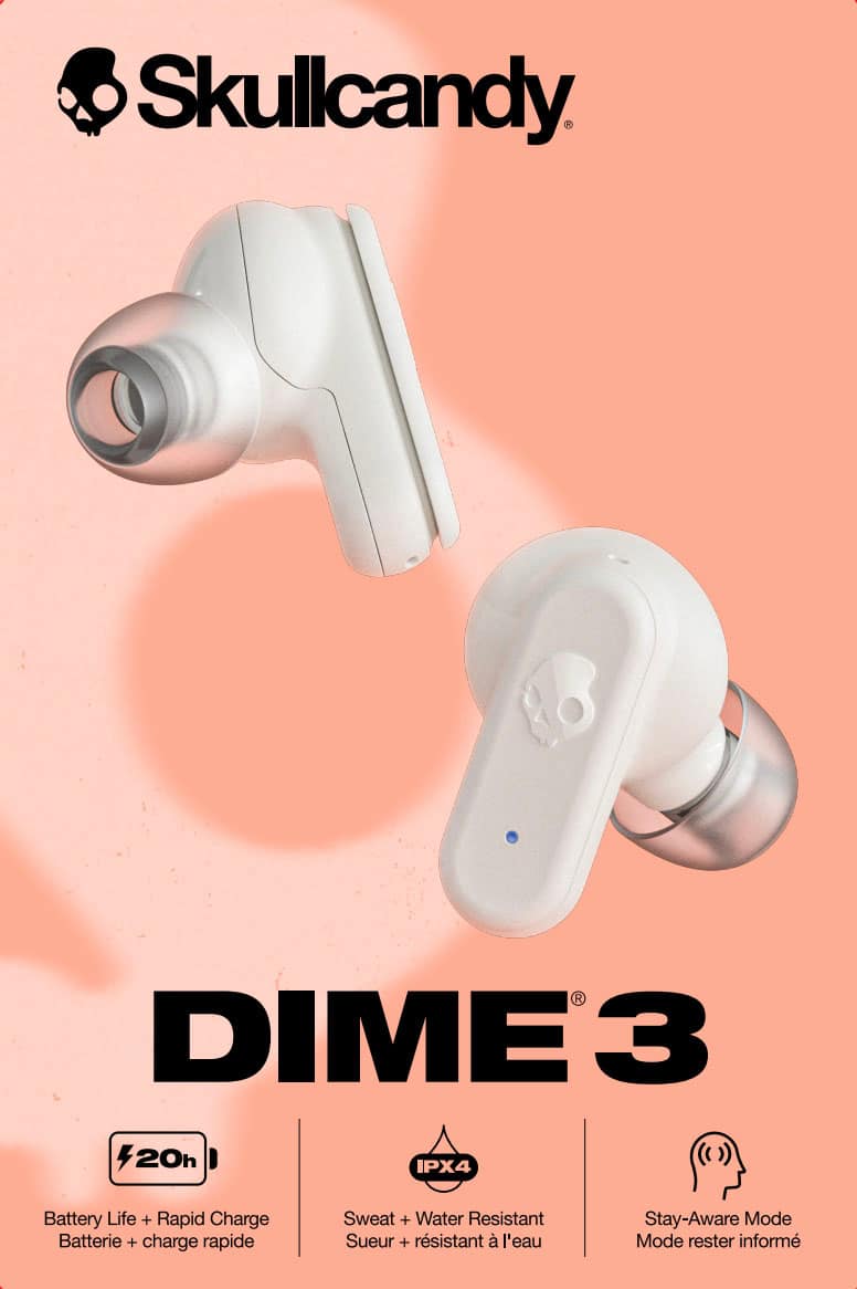 Skullcandy DIME 3
- Battery Life: 20h
- Rapid Charge
- Sweat + Water Resistant (IPX4)
- Stay-Aware Mode