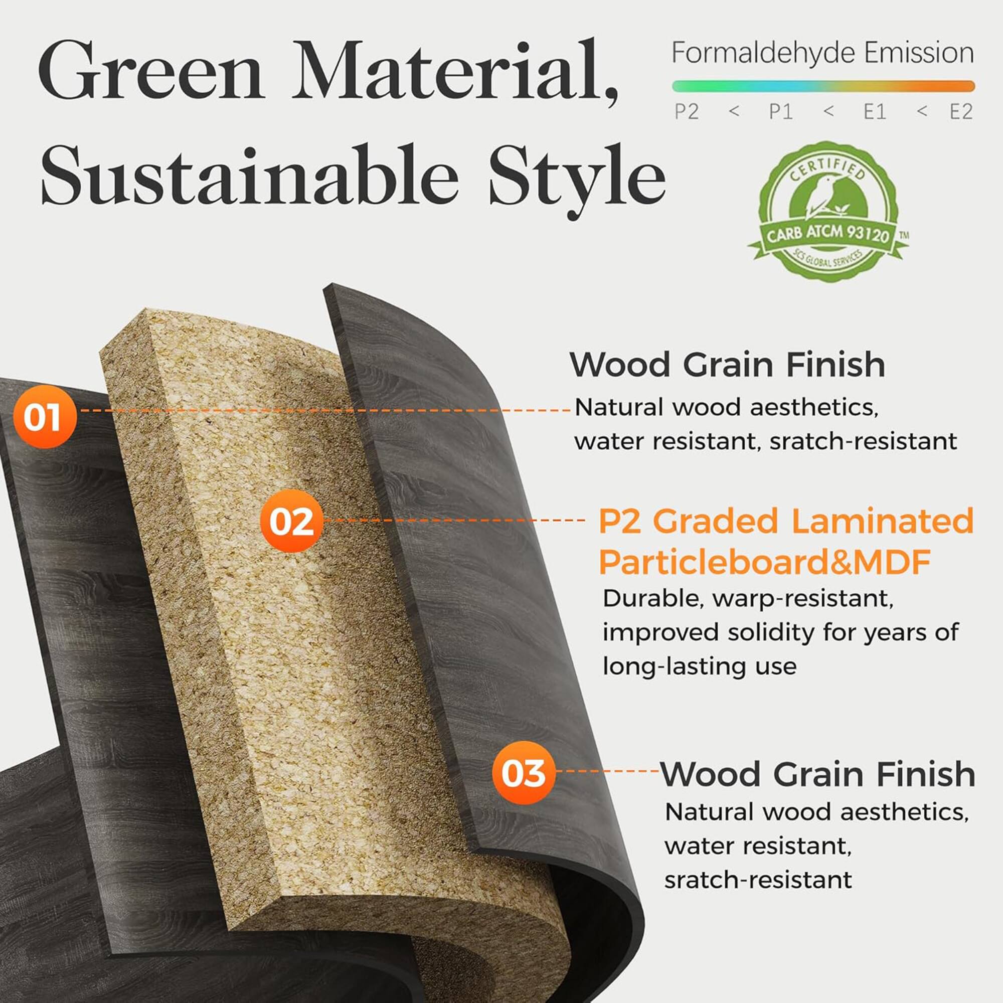 Green Material, Sustainable Style

Formaldehyde Emission
P2 < P1 < E1 < E2

Wood Grain Finish
- Natural wood aesthetics, water resistant, scratch-resistant

P2 Graded Laminated Particleboard&MDF
- Durable, warp-resistant, improved solidity for years of long-lasting use

Wood Grain Finish
- Natural wood aesthetics, water resistant, scratch-resistant

Certified
CARB ATCM 93120
ACE-GLOBAL SERVICES