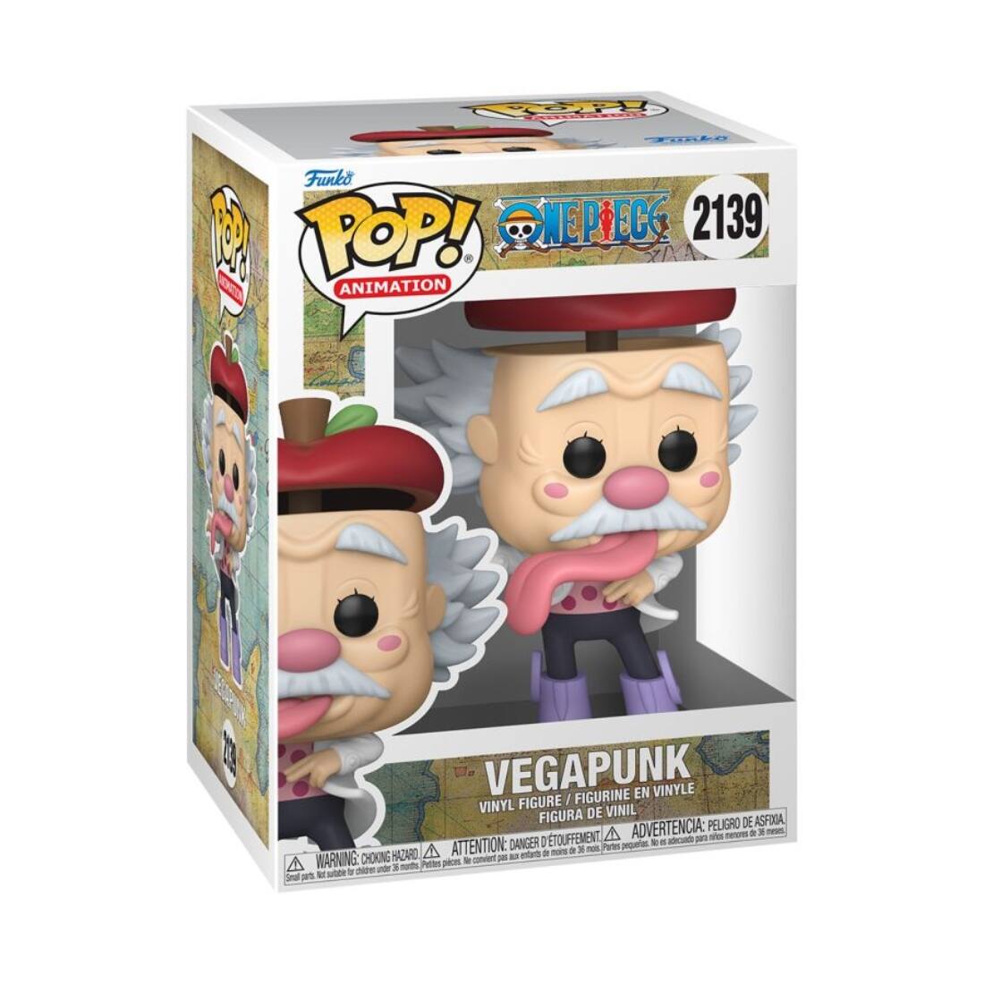 Sure, here is the corrected and grouped text from the image:

---

**Front:**
- Funko POP! Animation
- ONE PIECE 2139
- VEGAPUNK
- VINYL FIGURE / FIGURINE EN VINYLE / FIGURA DE VINIL

**Side:**
- WARNING: CHOKING HAZARD - Small parts. Not for children under 3 years. / ATTENTION: PELIGRO DE ASFIXIA - Piezas pequeñas. No es para niños menores de 3 años.

**Bottom:**
- WARNING: CHOKING HAZARD - Small parts. Not for children under 3 years. / ATTENTION: PELIGRO DE ASFIXIA - Piezas pequeñas. No es para niños menores de 3 años.

**Top:**
- ONE PIECE

---