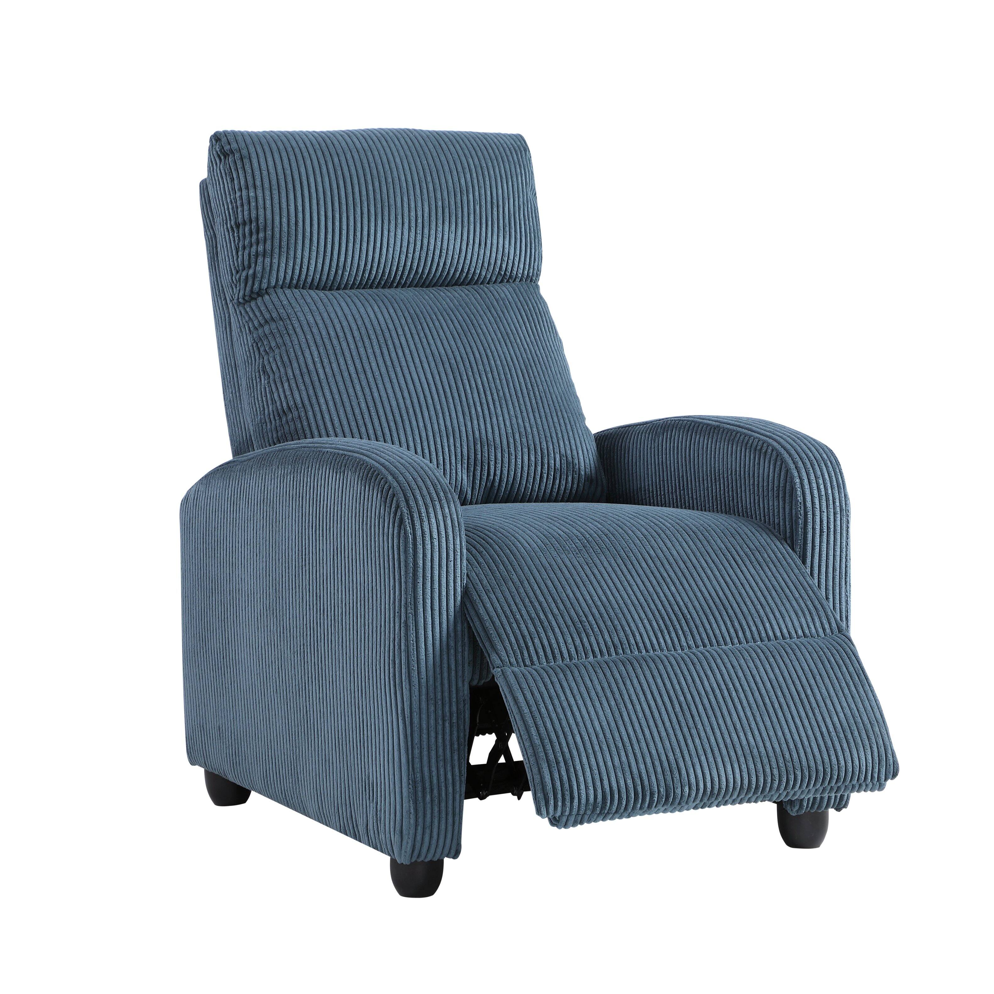 Left. TinyHomie - Modern Push Back Recliner Chair Bue Soft Corduroy Upholstery Comfort Solid Wood Living Room Furniture 1pc - Blue.