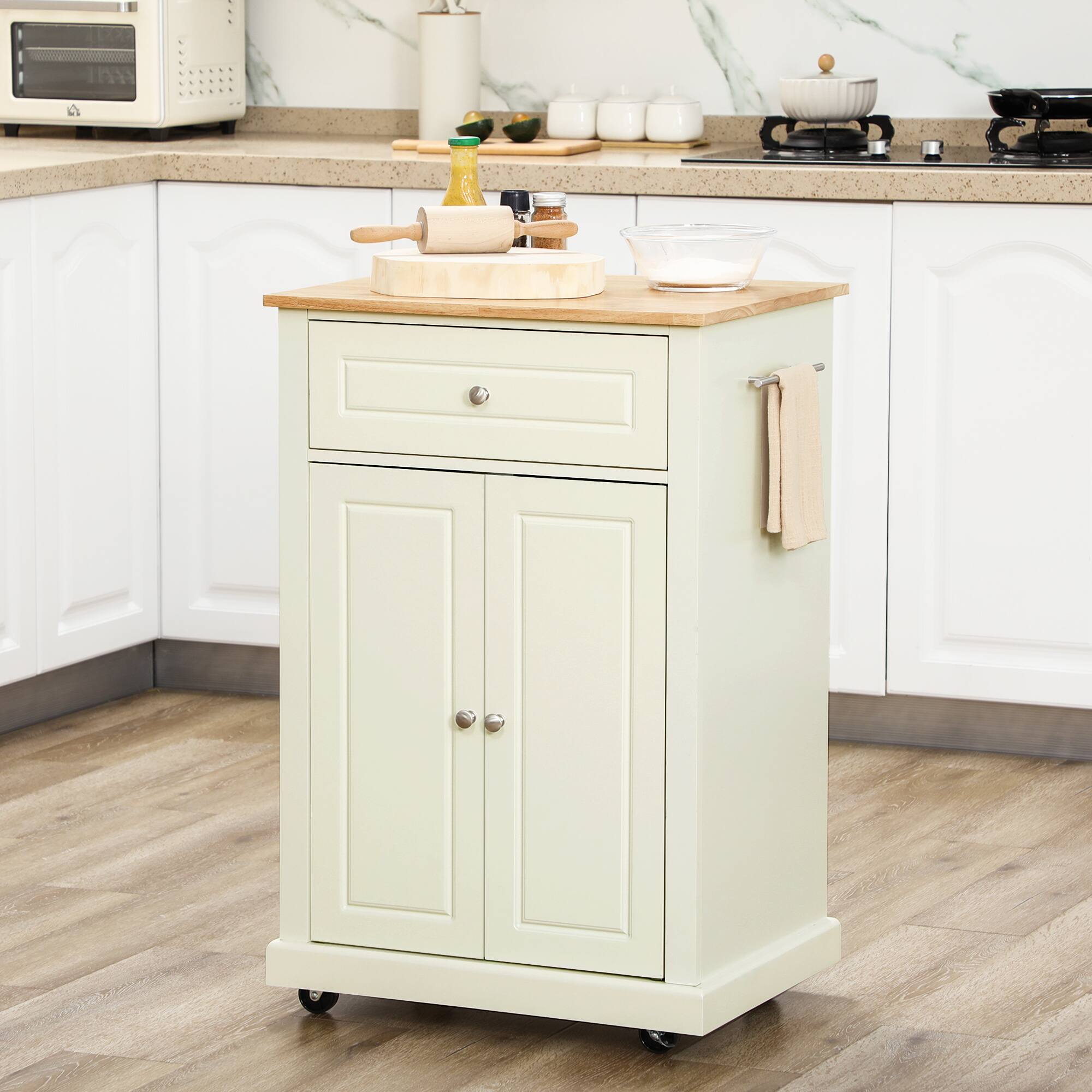 Alt View 1. Homcom - Kitchen Island Cart, Portable Serving Trolley Table with Drawer, Adjustable Shelf and 2 Towel Racks - Cream White.