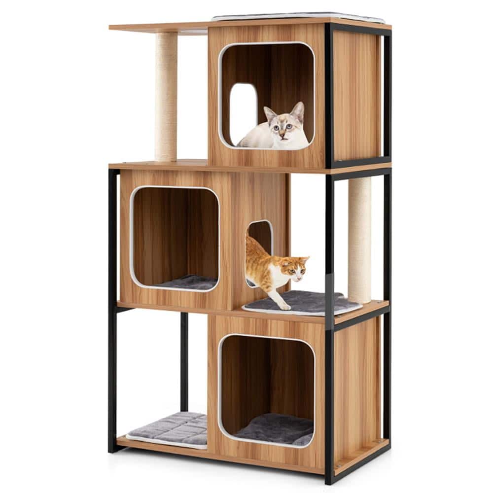 Kadyn - Cat Scratching Tower,Cat Tree, Modern Cat Tree Cat House with Metal Frame and Scratching Posts-Natural - Brown