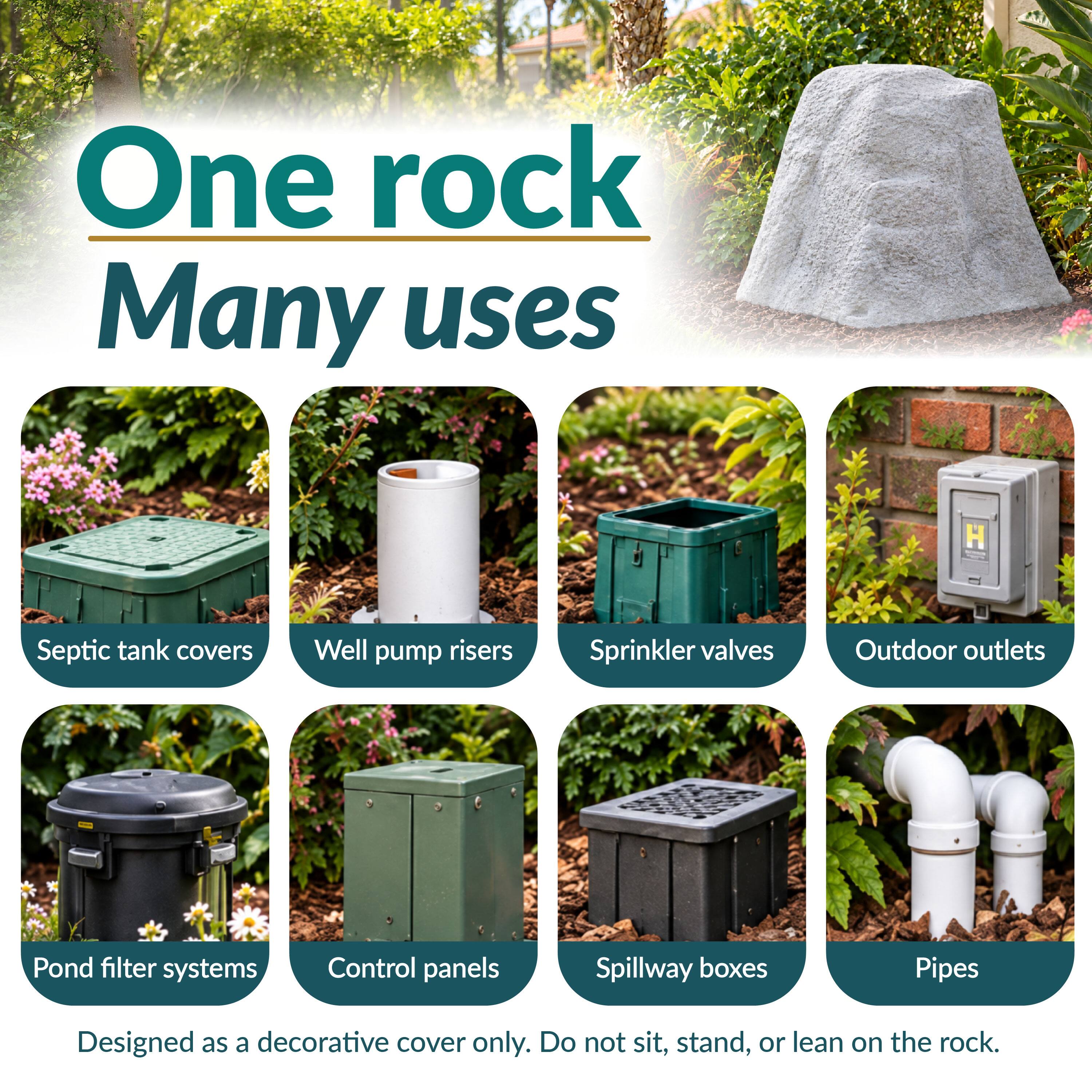 One rock Many uses

Septic tank covers
Well pump risers
Sprinkler valves
Outdoor outlets
Pond filter systems
Control panels
Spillway boxes
Pipes

Designed as a decorative cover only. Do not sit, stand, or lean on the rock.