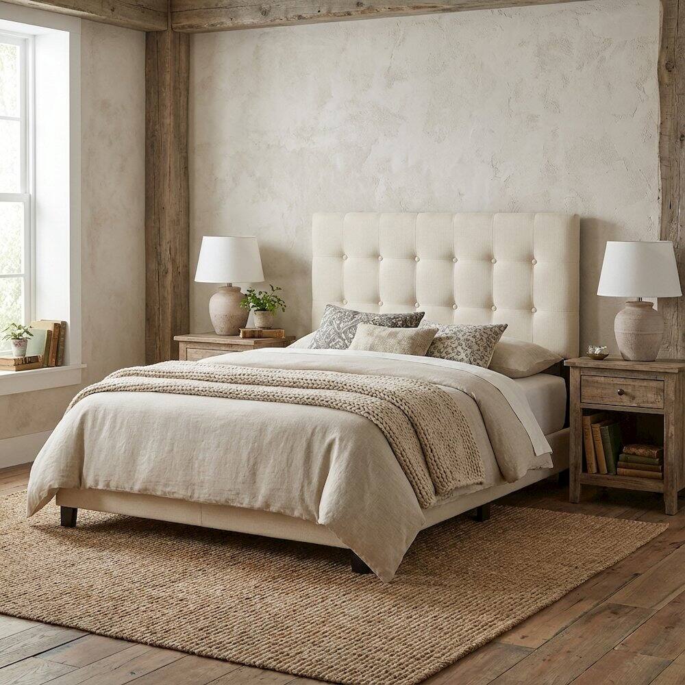 Angle. FurniFact - Upholstered Twin Headboard with Soft Fabric and Elegant Design for Bedroom - Beige.