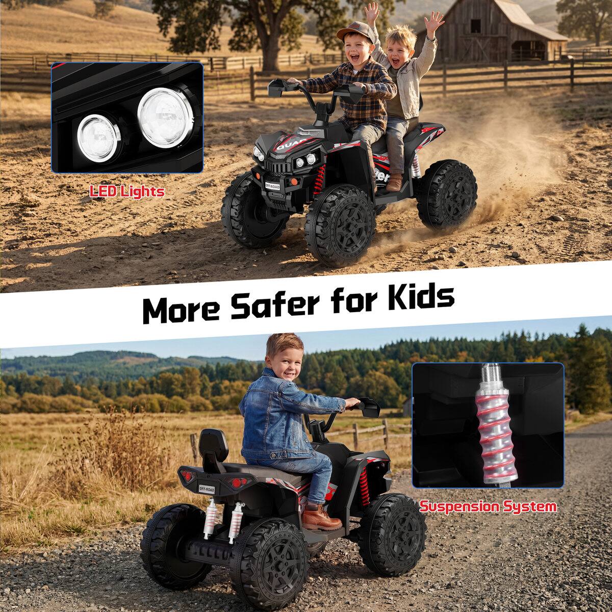 LED Lights  
QUA PREAD CHAND  
er  
More Safer for Kids  
OPP-ROND  
Suspension System