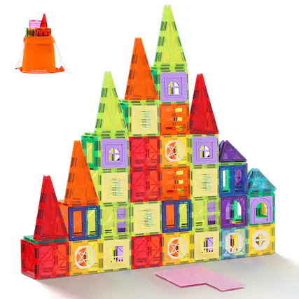 Front. Glintex - Magnetic Building Tiles 121PCS Magnet Blocks with Car Bases Number Cards STEM Construction Toys Ages 5+.