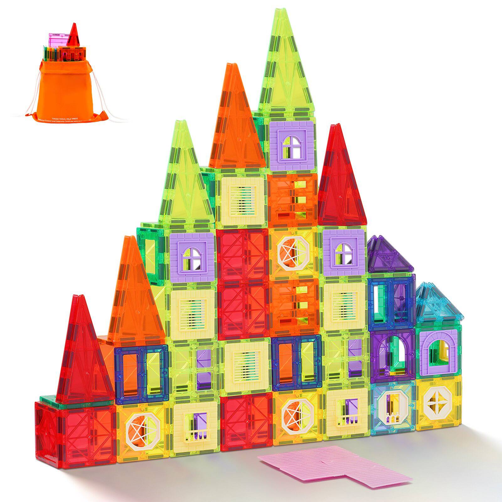 Front. Glintex - Magnetic Building Tiles 121PCS Magnet Blocks with Car Bases Number Cards STEM Construction Toys Ages 5+.