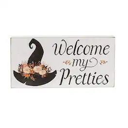 BreeBe - Welcome My Pretties Floral Witch Hat Box Sign - Black, White