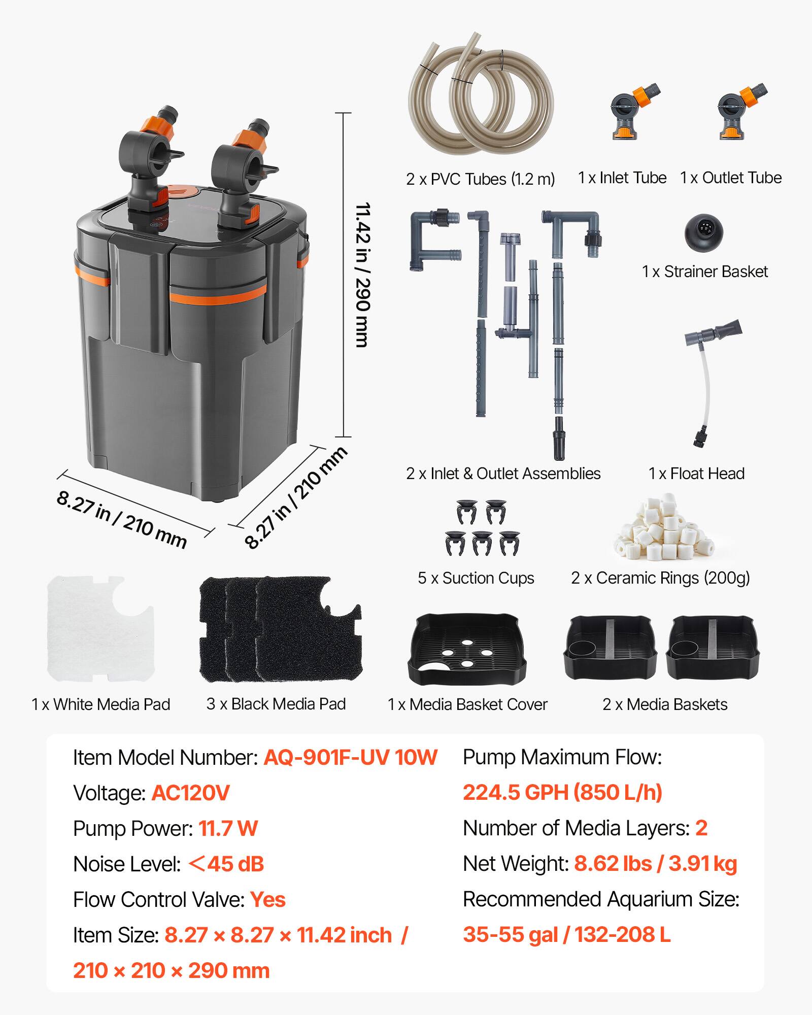 VEVOR 224.5GPH Canister Filter, 2 Stage External Aquarium Filter