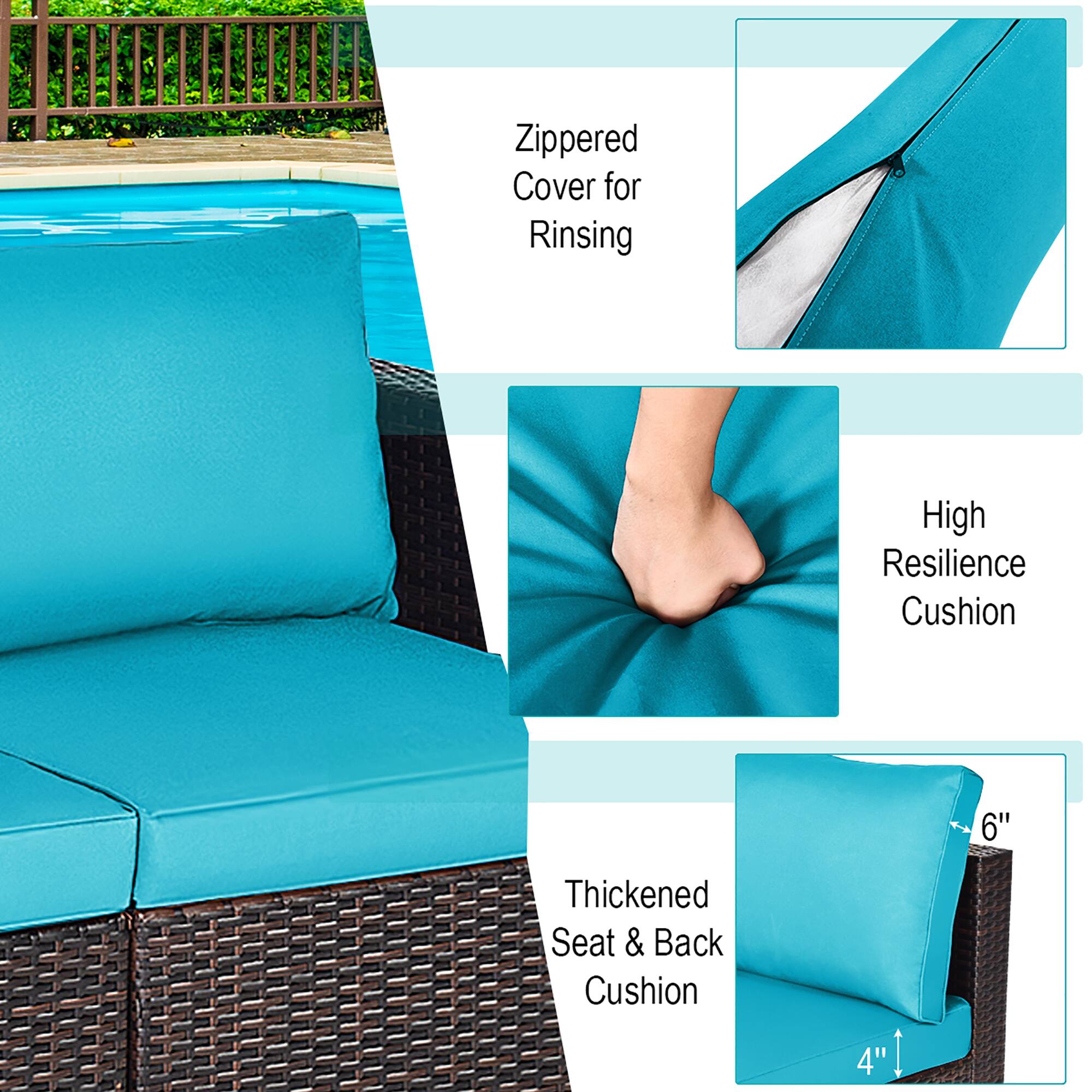 Zippered Cover for Rinsing  
High Resilience Cushion  
Thickened Seat & Back Cushion  
6" Thickened Seat & Back Cushion  
4"