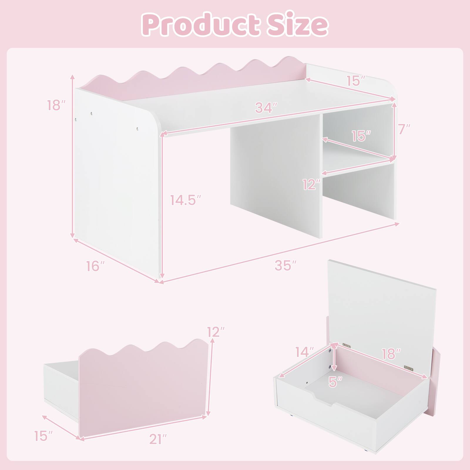 Product Size: 15" x 18" x 34" x 15" x 7" x 14.5" x 12" x 16" x 35" x 12" x 14" x 18" x 5" x 15" x 21"