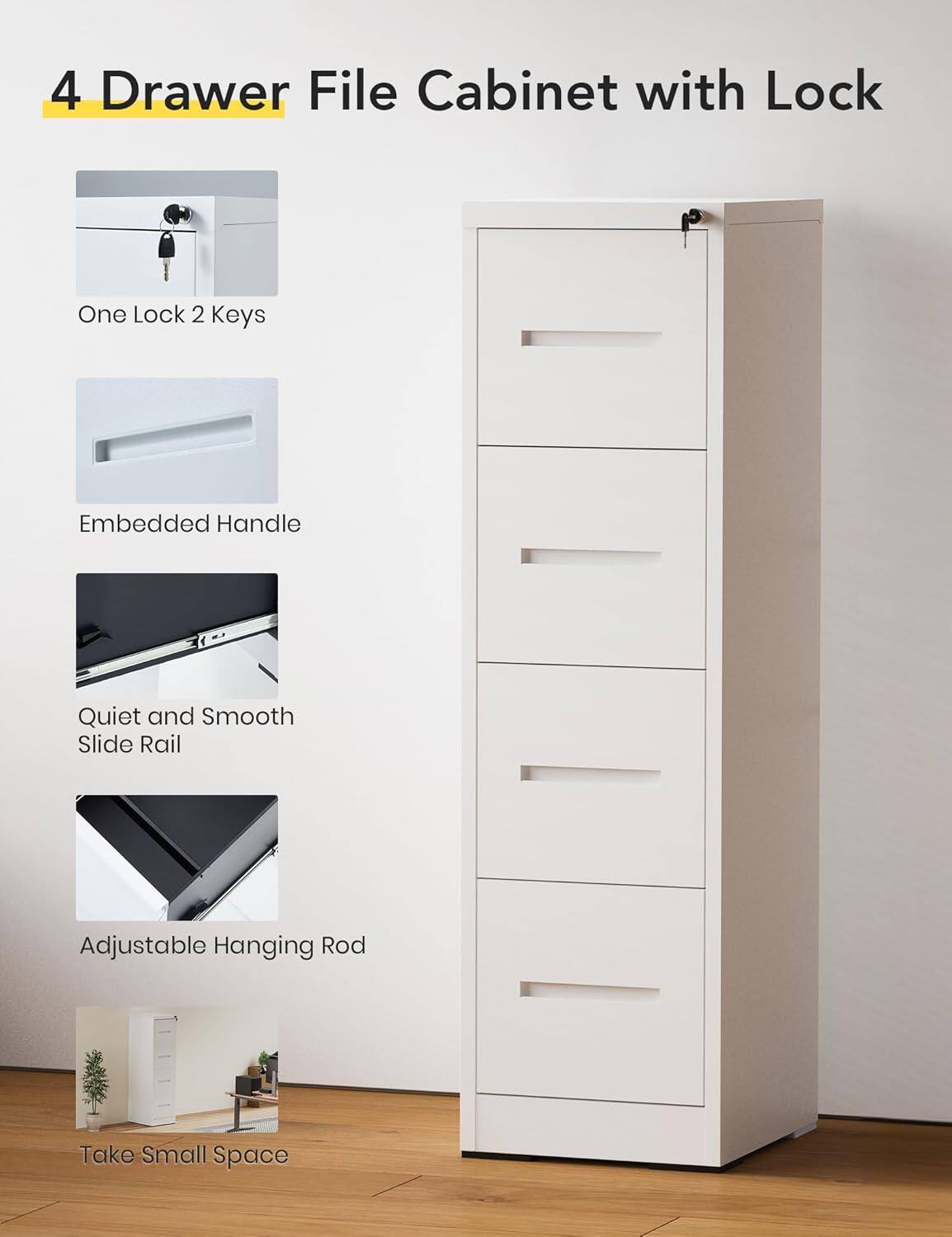 4 Drawer File Cabinet with Lock

- One Lock 2 Keys
- Embedded Handle
- Quiet and Smooth Slide Rail
- Adjustable Hanging Rod
- Take Small Space