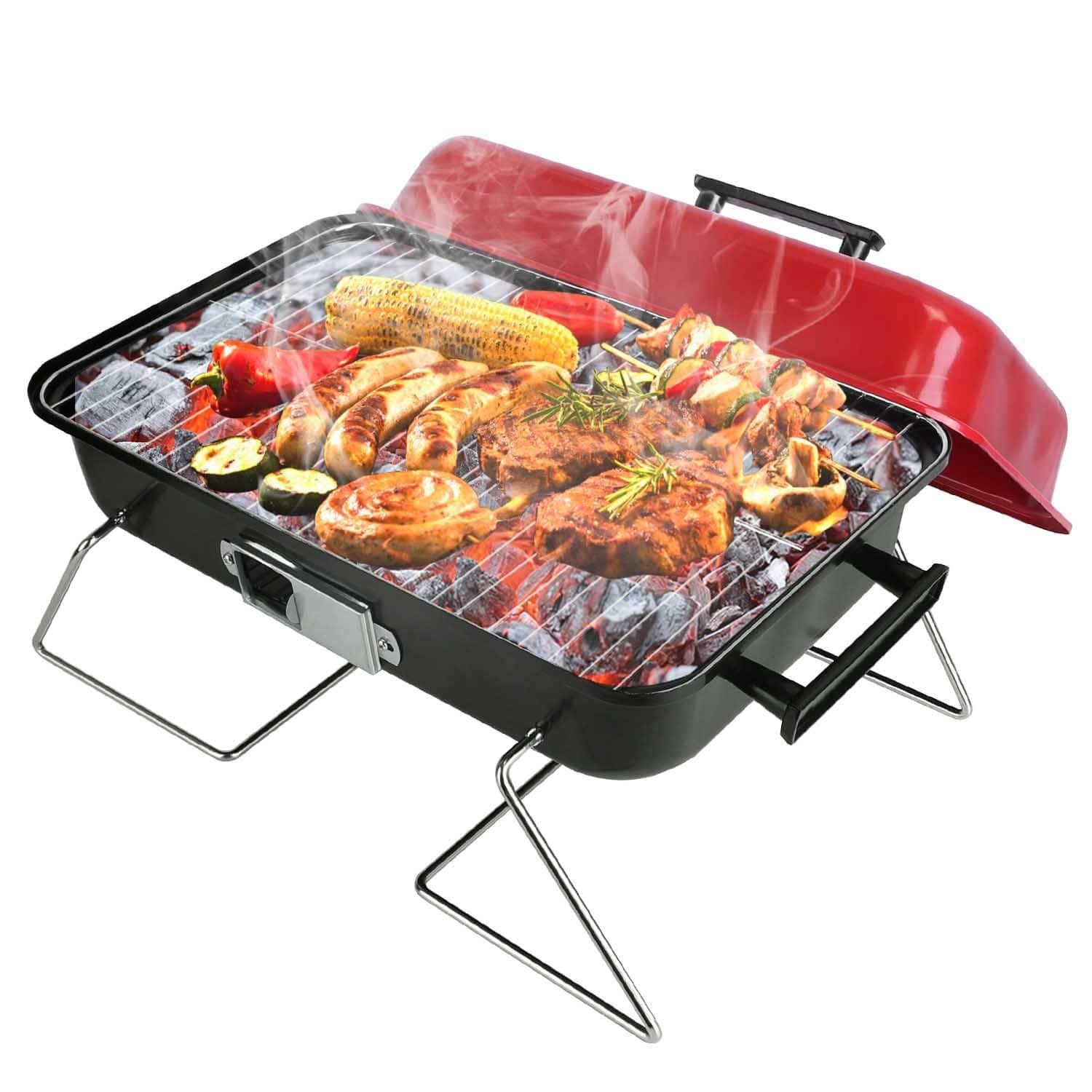 Mirfee - Portable Tabletop Charcoal Grill - Small Folding BBQ Smoker with Lid for Backyard, Camping, Picnics & Beach - Black