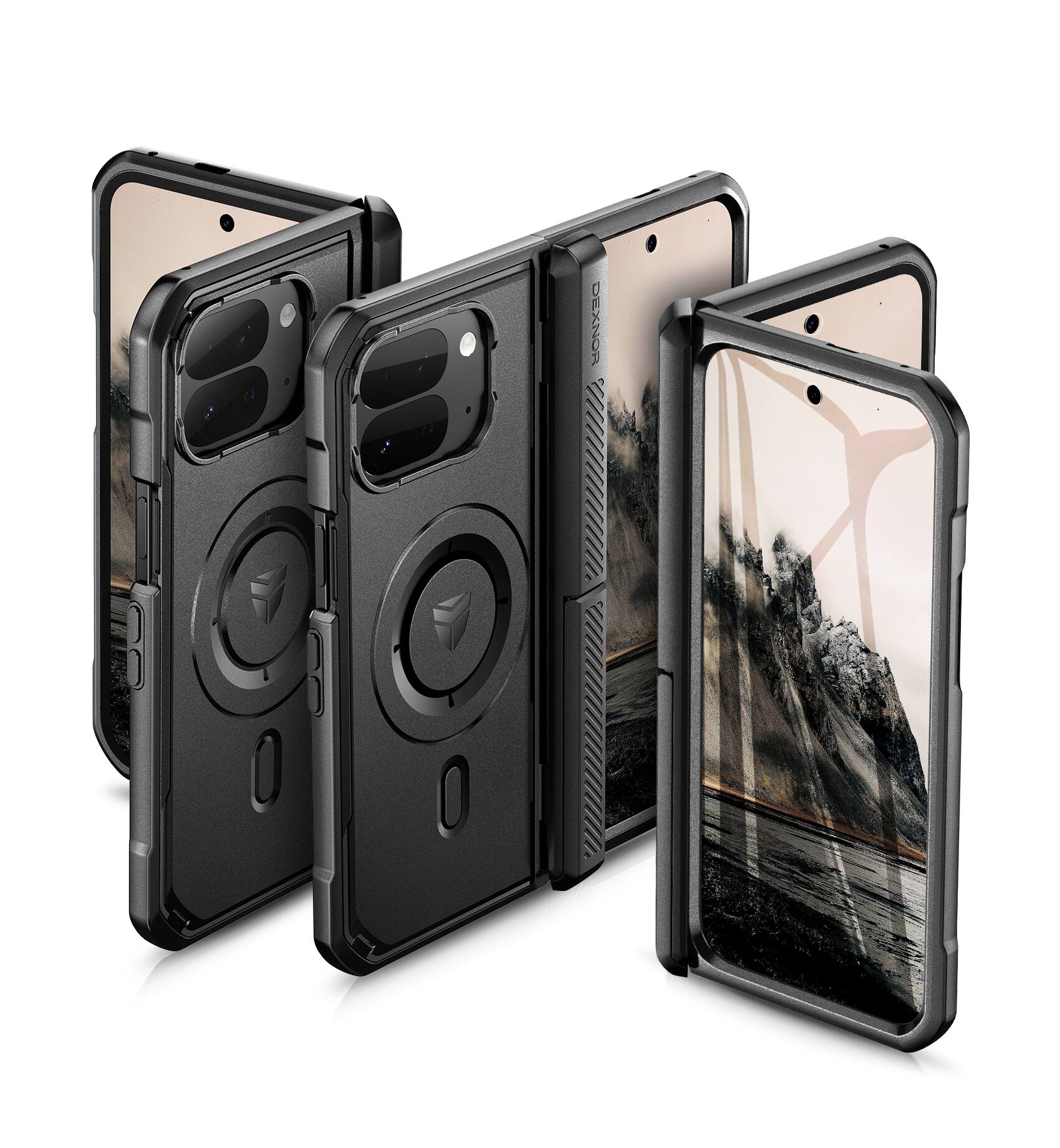 Angle. Dexnor - Magnetic Case for Google Pixel 10 Pro Fold with Dual Kickstands Full-Body Rugged Protective Cover Bumper Case - Black.