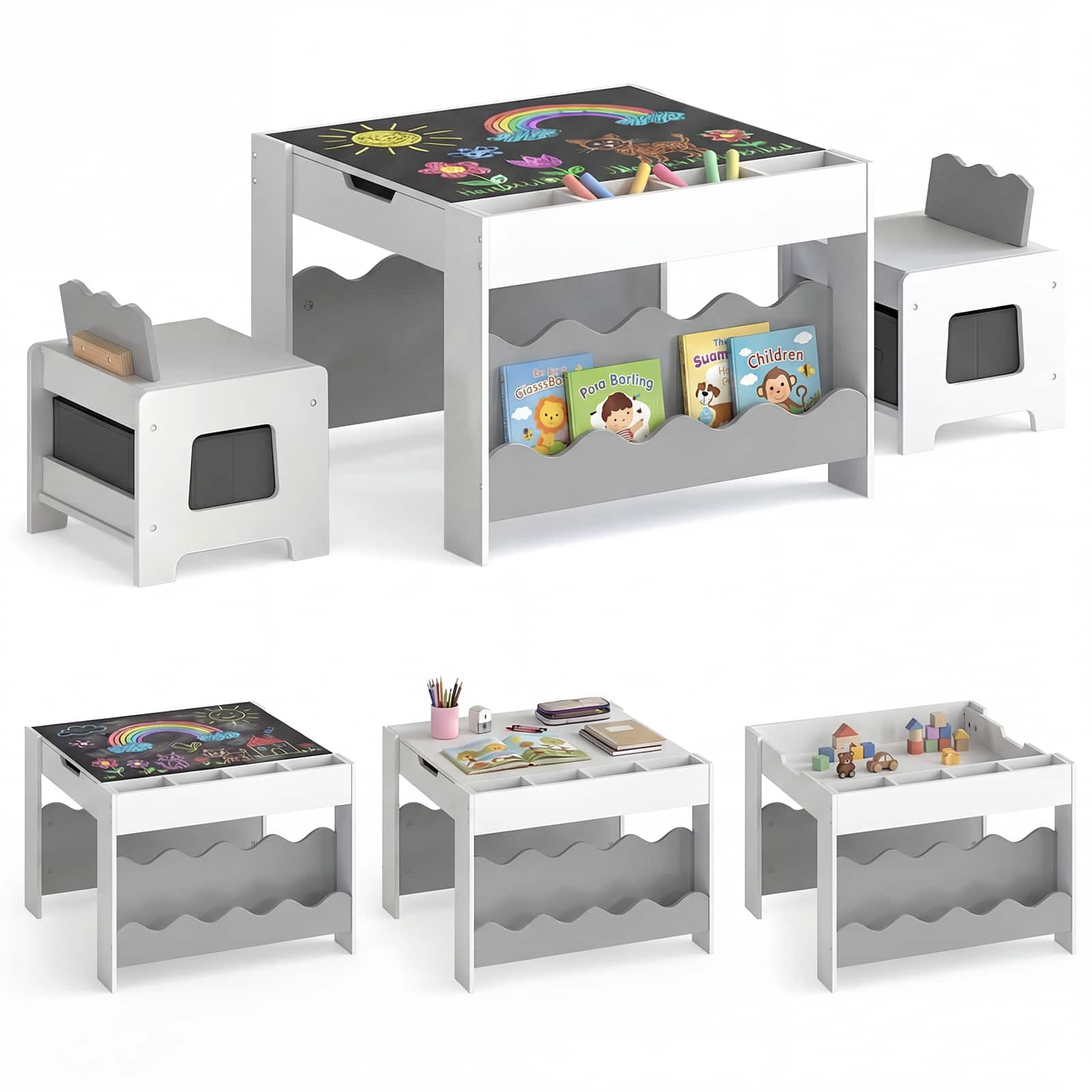 Costway - Wooden Kids Table & Chairs Set with Double-sided Tabletop Chalkboard Bookshelves - White + Gray