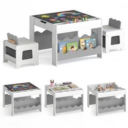 Costway - Wooden Kids Table & Chairs Set with Double-sided Tabletop Chalkboard Bookshelves - White + Gray