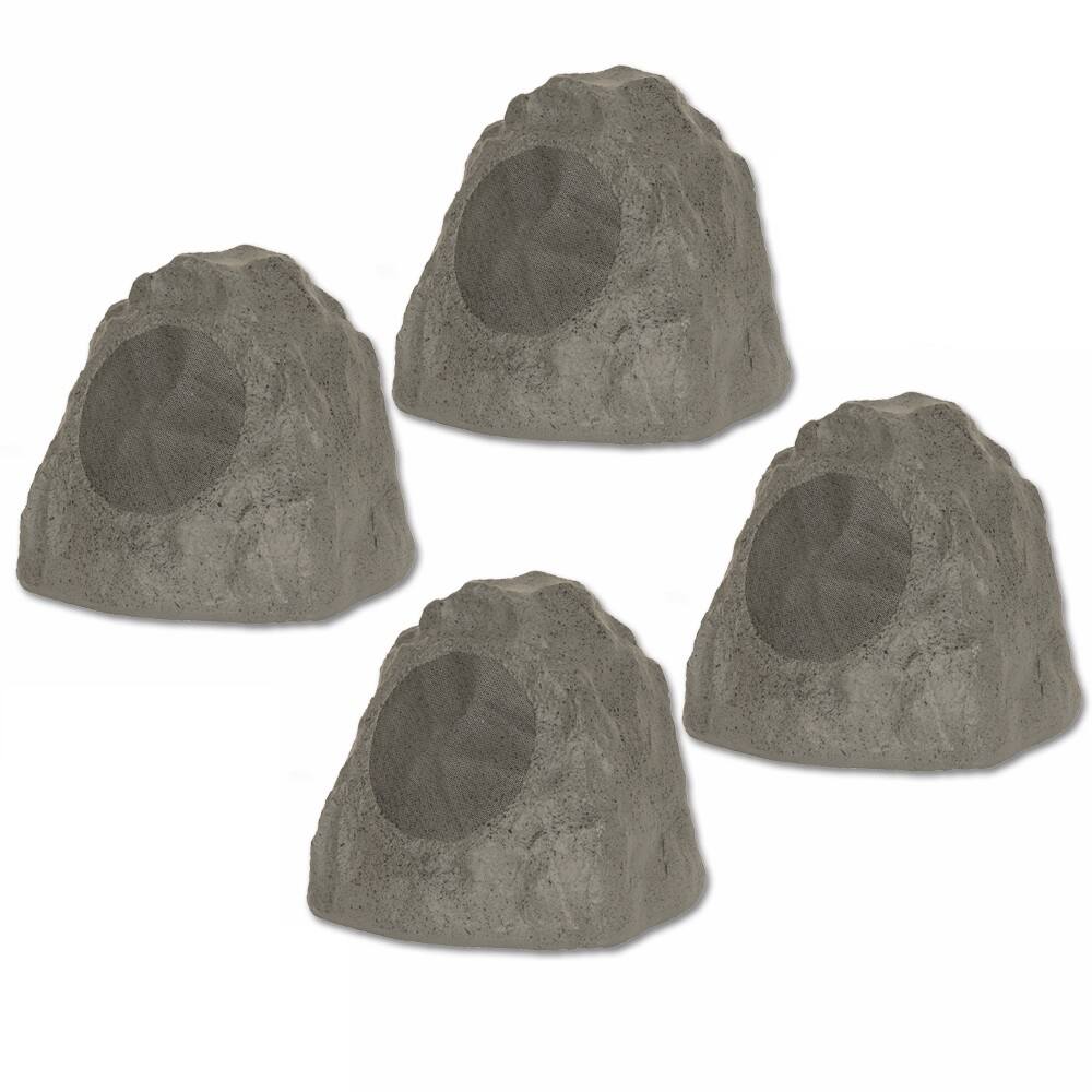 Front. Theater Solutions by Goldwood - 4R8SG Outdoor 8" Rock 4 Speaker Set for Deck Pool Spa Yard Garden - Slate Gray.