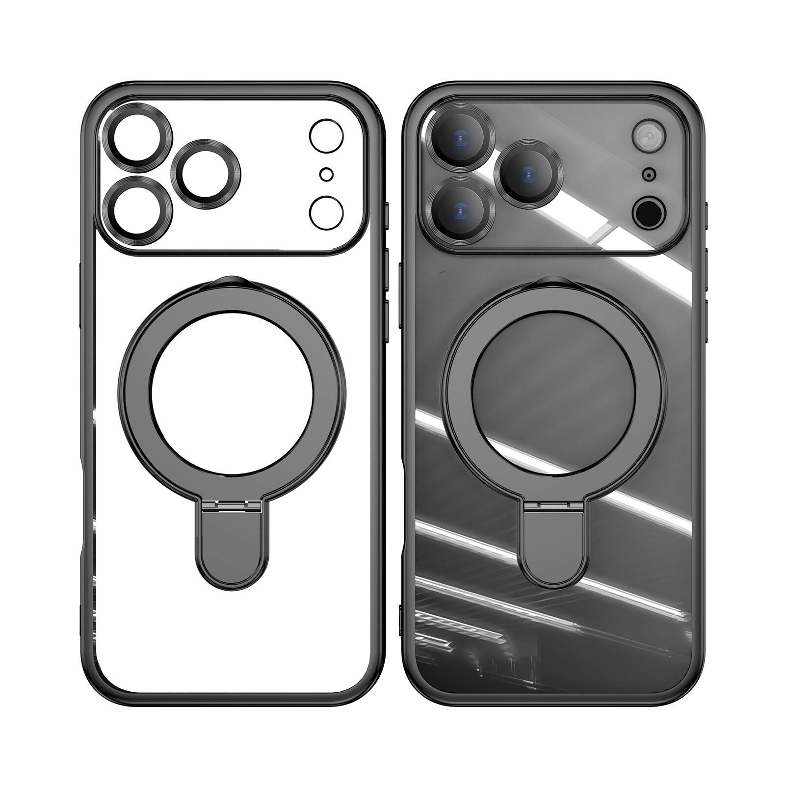Left. Dteck - Dteck MagSafe Compatible Case for Apple iPhone 17 Pro Max with Plating Ring Stand Lens Protection Cover - Gray.