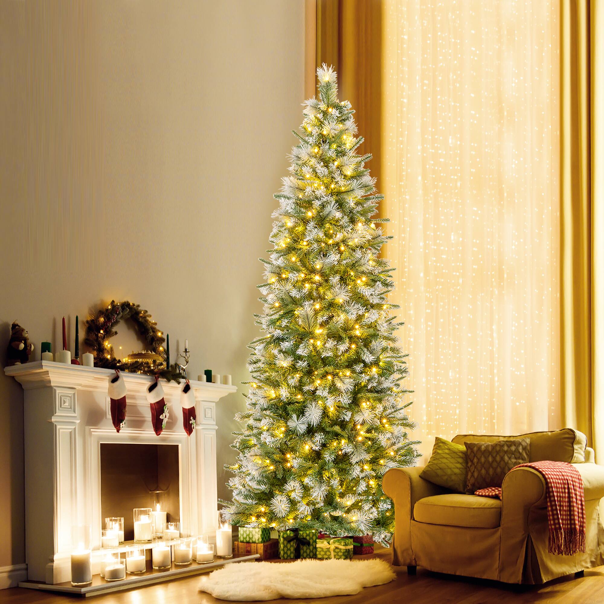 Front. Gymax - Gymax 7.5 FT Artificial Christmas Tree Pre-Lit Hinged Xmas Tree w/ 820 Flocked Frosted Tips - Green, White.