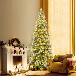 Gymax - 7.5 FT Artificial Christmas Tree Pre-Lit Hinged Xmas Tree w/ 820 Flocked Frosted Tips - Green, White