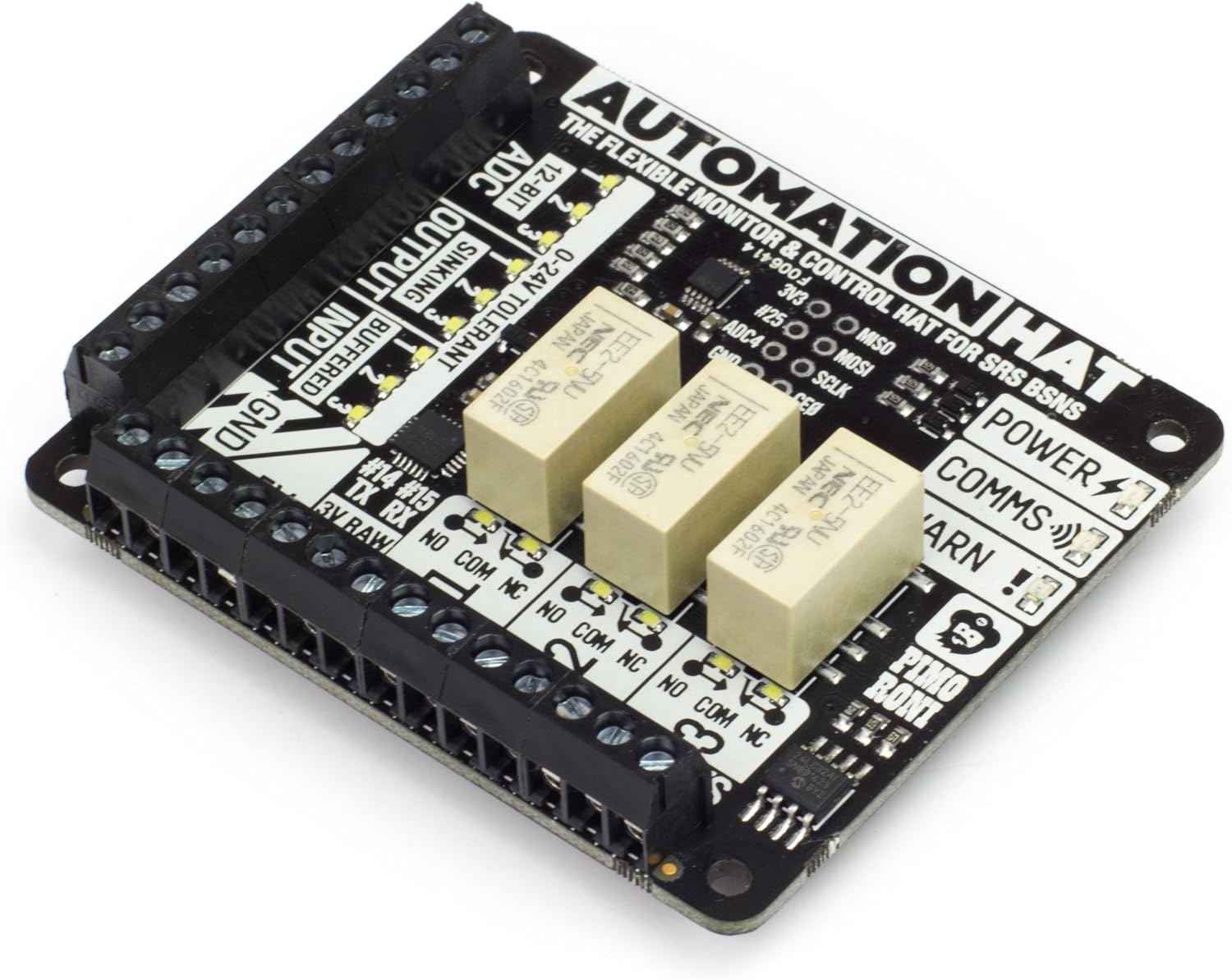 THE ADC 12-BIT FLEXIBLE AUTOMATION HAT MONITOR & OUTPUT SINKING 0-24V 41 F0064 3V3 CONTROL #250 O HAT BUFFERED TOLERANT JAPAN EE2-5NU NEC ADC4 O O MOSI MISO FOR SRS 4C1 SCLK 602F RISP JAPAN CEB BSNS GND EE2-5NU NEC #14 602F JAPAN POWER 3V TX #15 EE2-5NU COMMS RAW RX NO ARN COM NC NO COM NC PIMO NO RONI COM NC