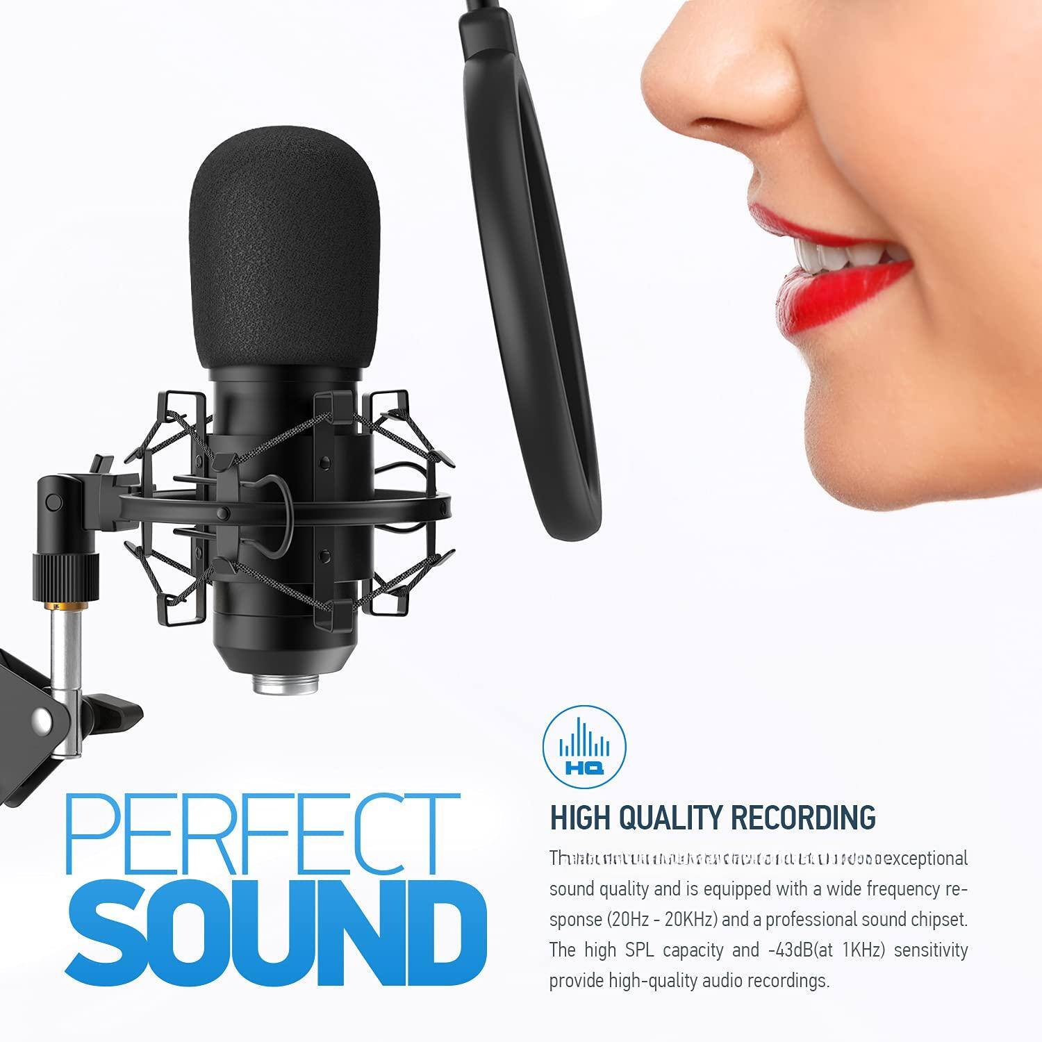 **Perfect Sound**

**High Quality Recording**

This microphone offers exceptional sound quality and is equipped with a wide frequency response (20Hz-20kHz) and a professional sound chipset. The high SPL capacity and -43dB (at 1kHz) sensitivity provide high-quality audio recordings.