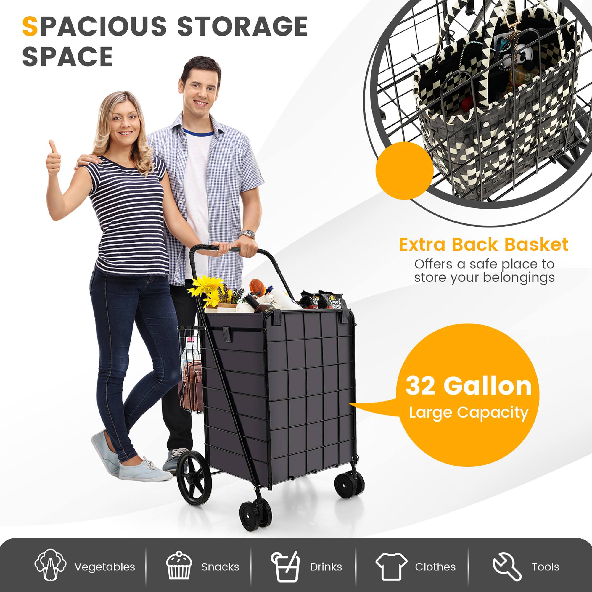 SPACIOUS STORAGE SPACE Extra Back Basket Offers a safe place to store your belongings 32 Gallon Large Capacity Vegetables Snacks Drinks Clothes Tools