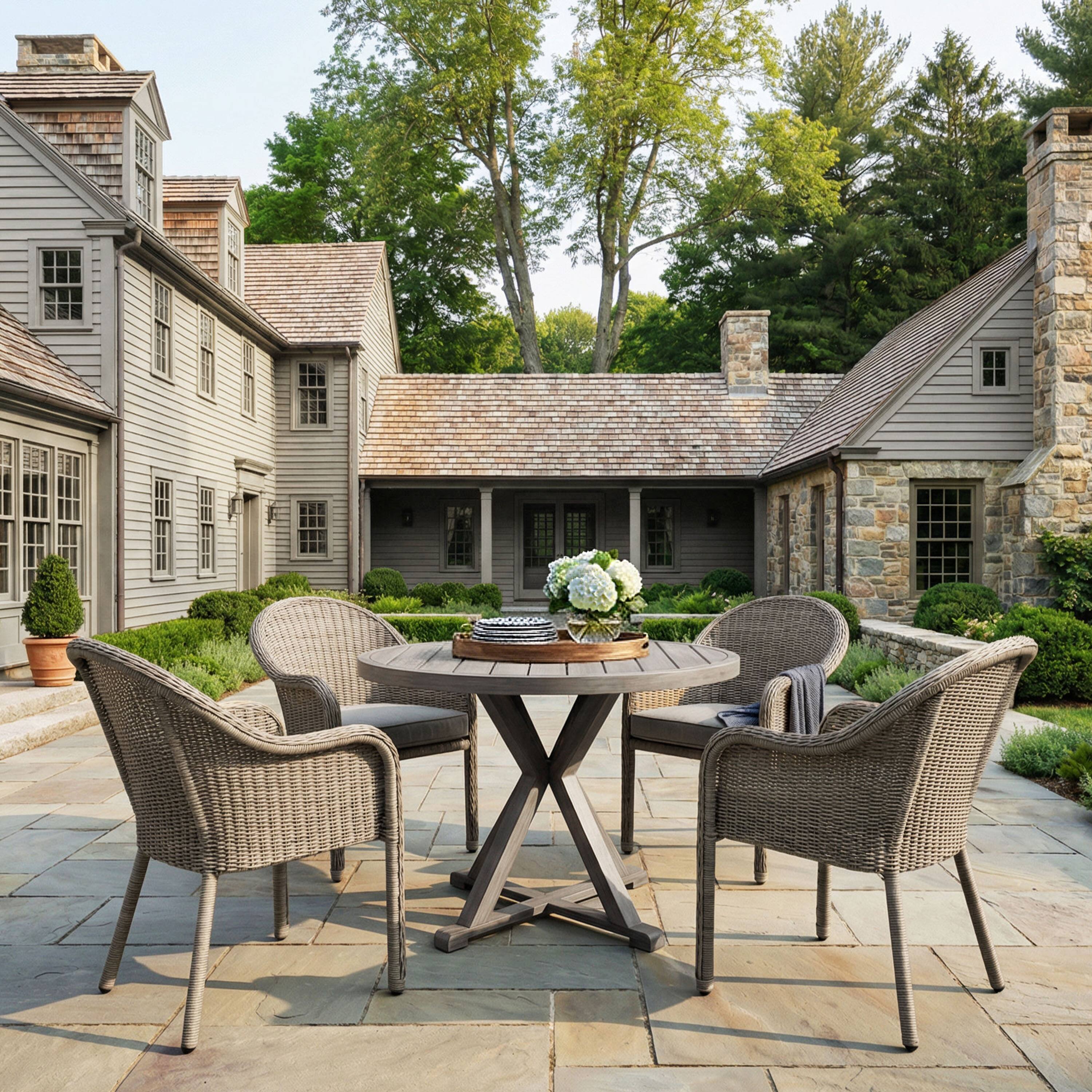 Alt View 1. Martha Stewart - Bedford 5 Piece Patio Set, 4 Stacking Rattan Wicker Chairs with Cushions, 36" Round Aluminum Trestle Base Table - Gray.