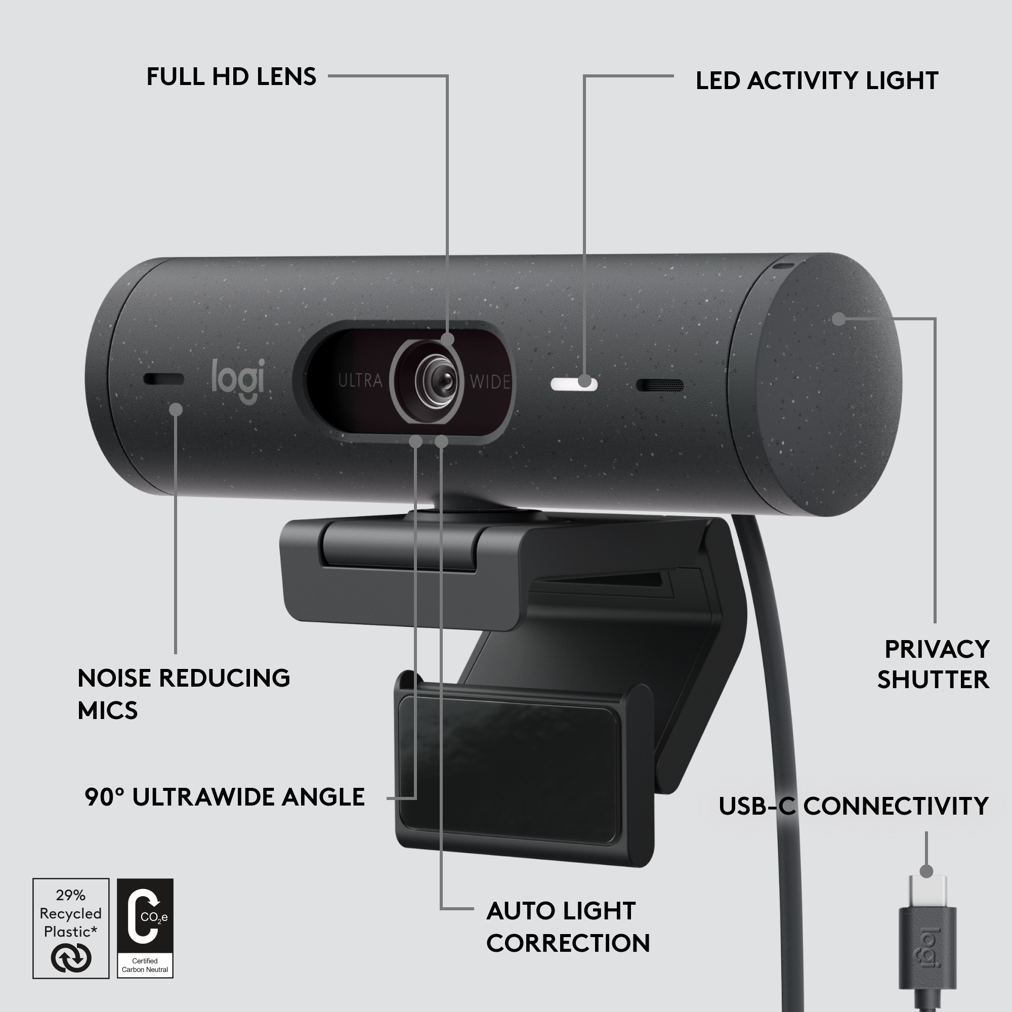 Logitech Brio 500 Full HD Webcam with Auto Light Correction, Auto-Framing,  Show Mode, Dual Noise Reduction Mics, Webcam Privacy Cover, Works with