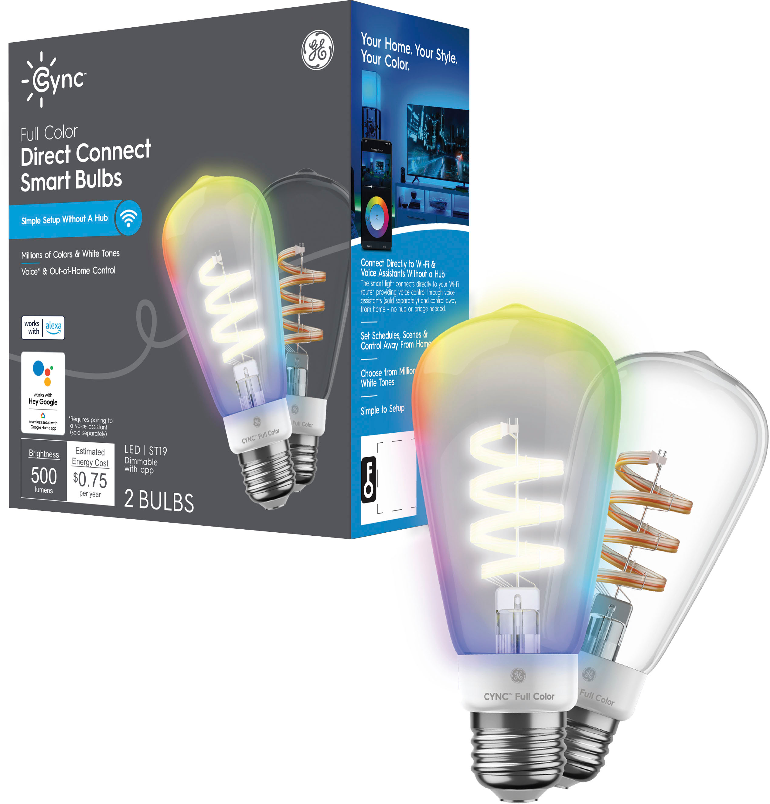GE CYNC ST19 Edison Style Bluetooth / Wi-Fi Enabled Smart LED Light Bulb (2  Pack) 93130168 - Best Buy
