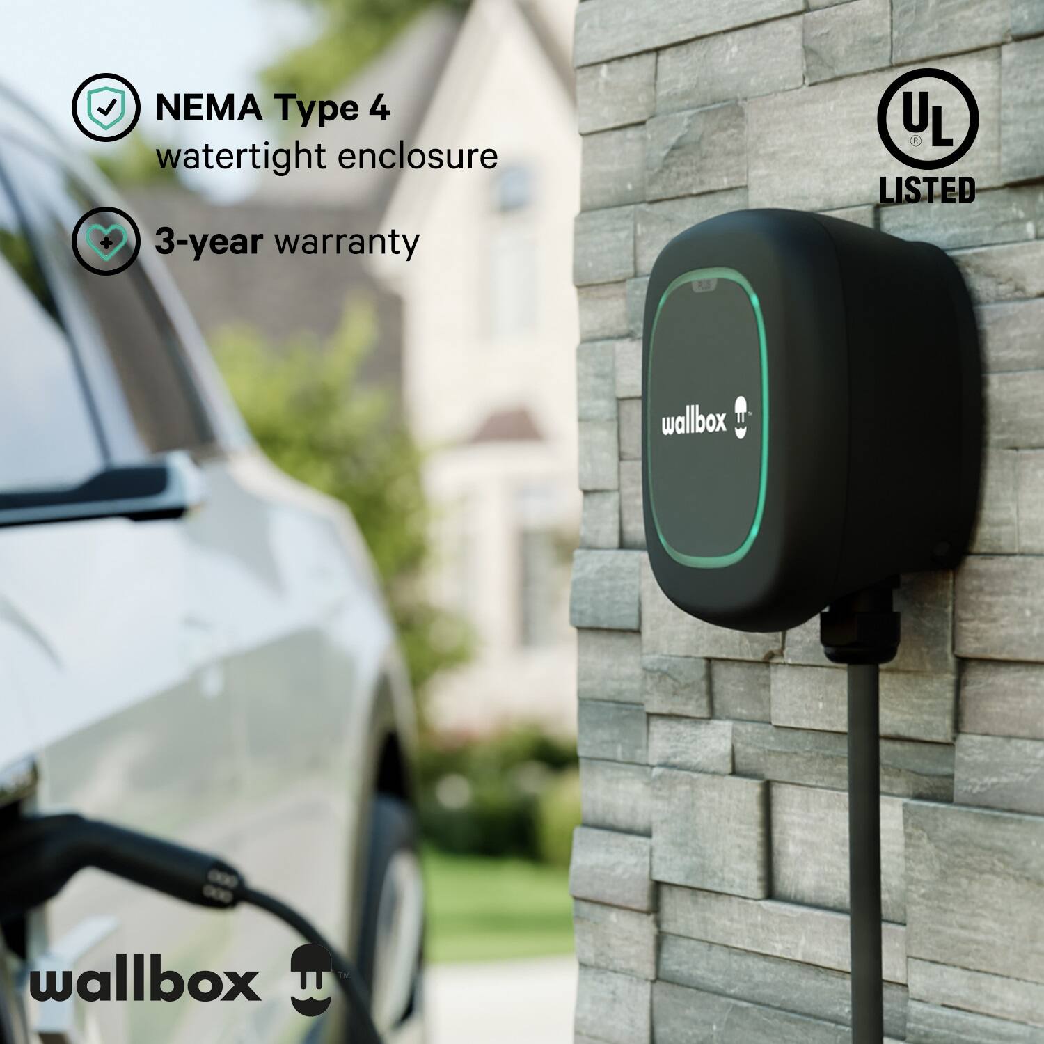 The image features a Wallbox electric vehicle charger, which is a NEMA Type 4 watertight enclosure with a 3-year warranty. The charger is connected to a car and is mounted on a brick wall. The charger is UL listed, ensuring safety and reliability for users.