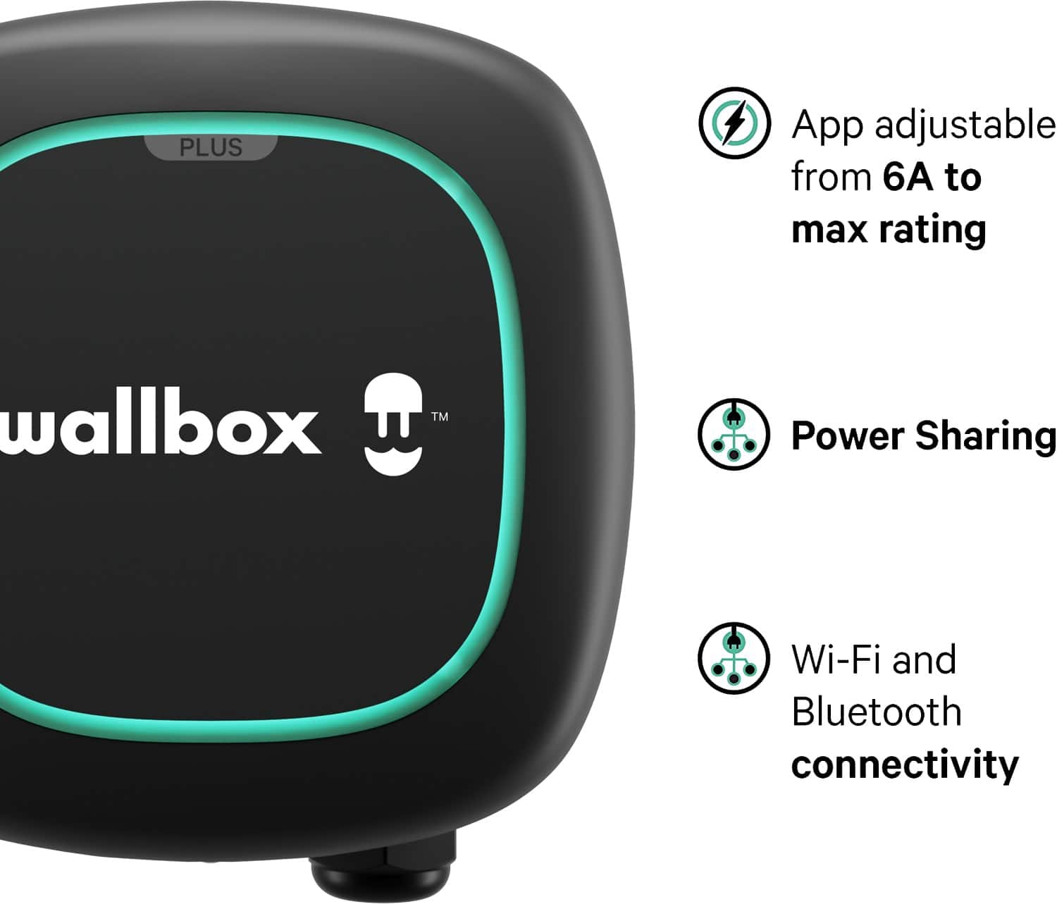The image features a black box with a green light on it, which is an electric vehicle charger. The box has a plus sign on it, indicating that it can be adjusted from 6A to the maximum rating. The charger also has a power sharing feature, allowing users to share the charger with others. Additionally, the charger is equipped with Wi-Fi and Bluetooth connectivity, making it convenient for users to connect and manage their charging sessions.