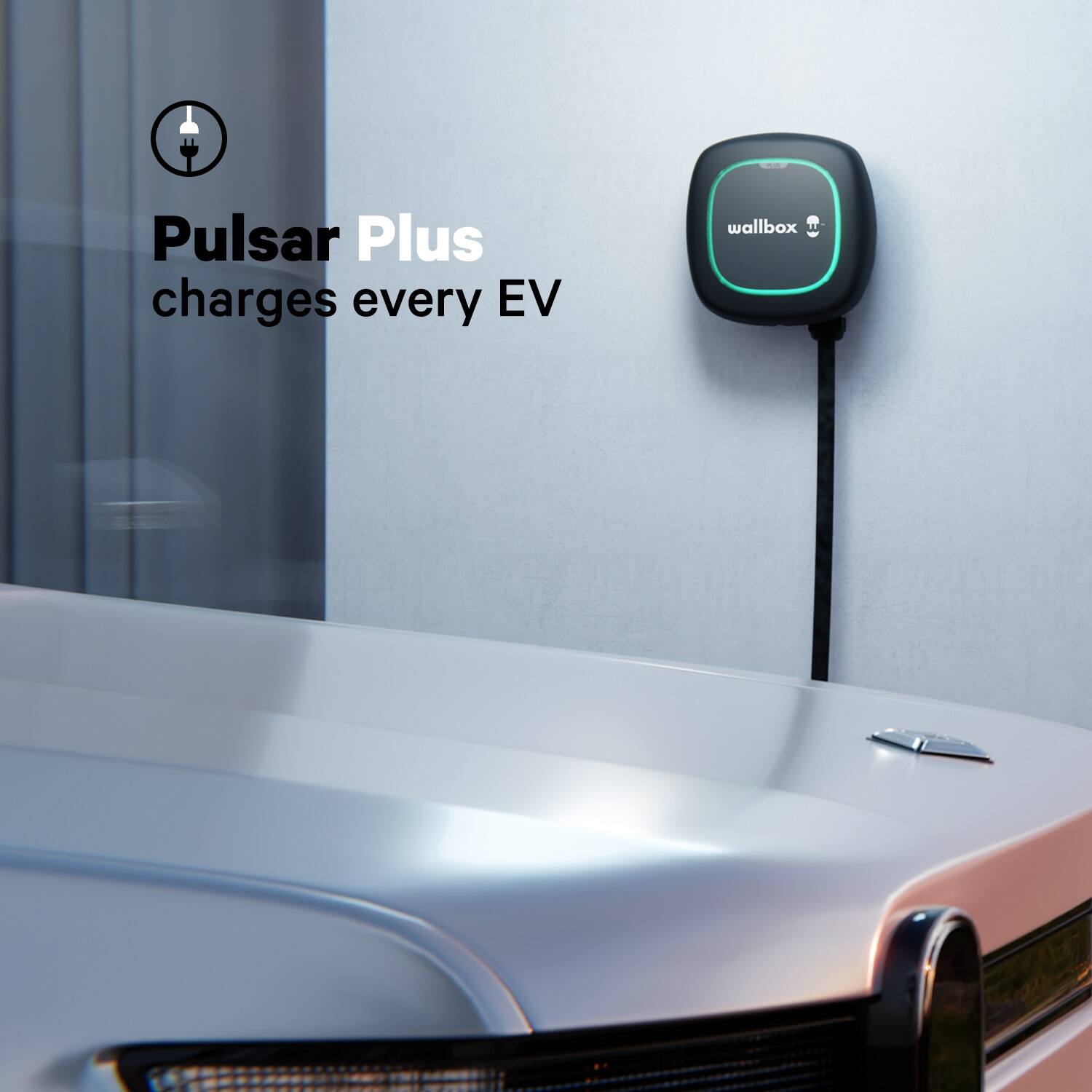 The image features an electric vehicle charger, specifically a Pulsar Plus charger, which is designed to charge every EV wallbox. The charger is mounted on the side of a white car, and it is connected to the vehicle. The charger is positioned on the wall next to the car, making it easily accessible for the car owner. The image emphasizes the convenience and efficiency of the Pulsar Plus charger for electric vehicles.