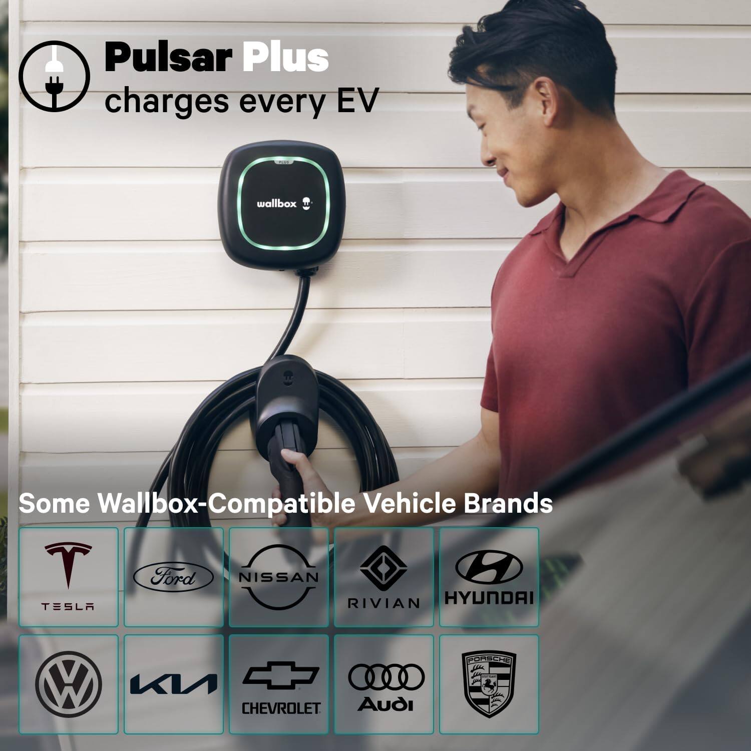 Pulsar Plus charges every EV wallbox. Some wallbox-compatible vehicle brands include Tesla, Ford, Nissan, Hyundai, and Chevrolet.